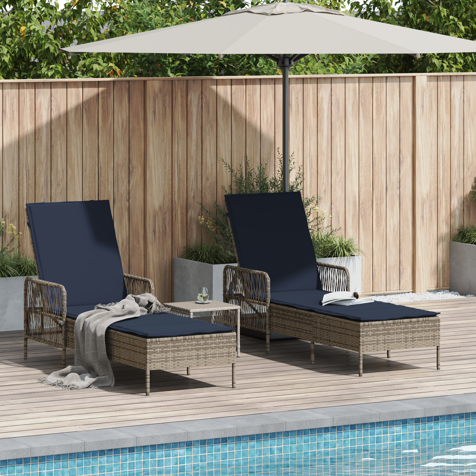 Lettino Prendisole Set di 3 Grigio e blu navy Rattan PE, metallo