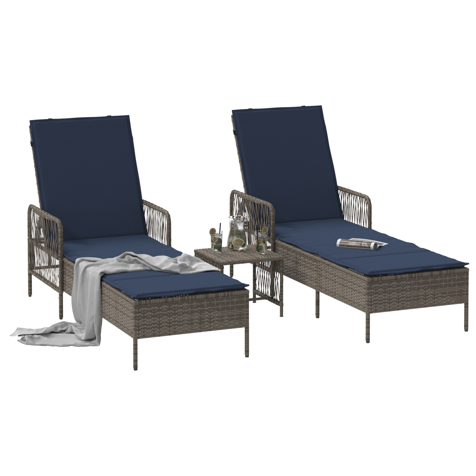 Lettino Prendisole Set di 3 Grigio e blu navy Rattan PE, metallo
