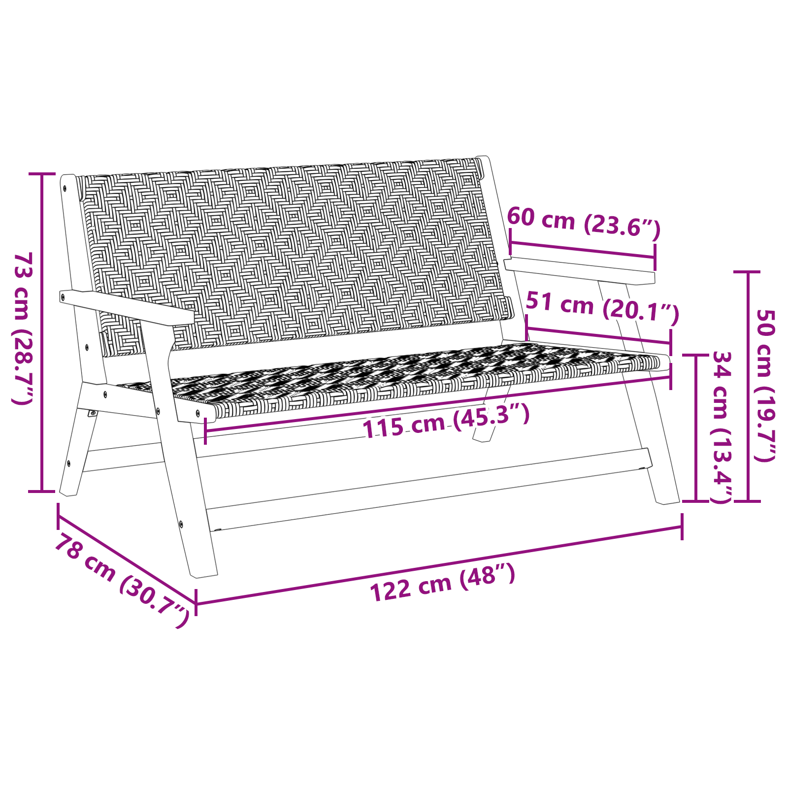 Panchina da Giardino Nera e Bianca 122x76x73.5 cm Legno Massello di Acacia