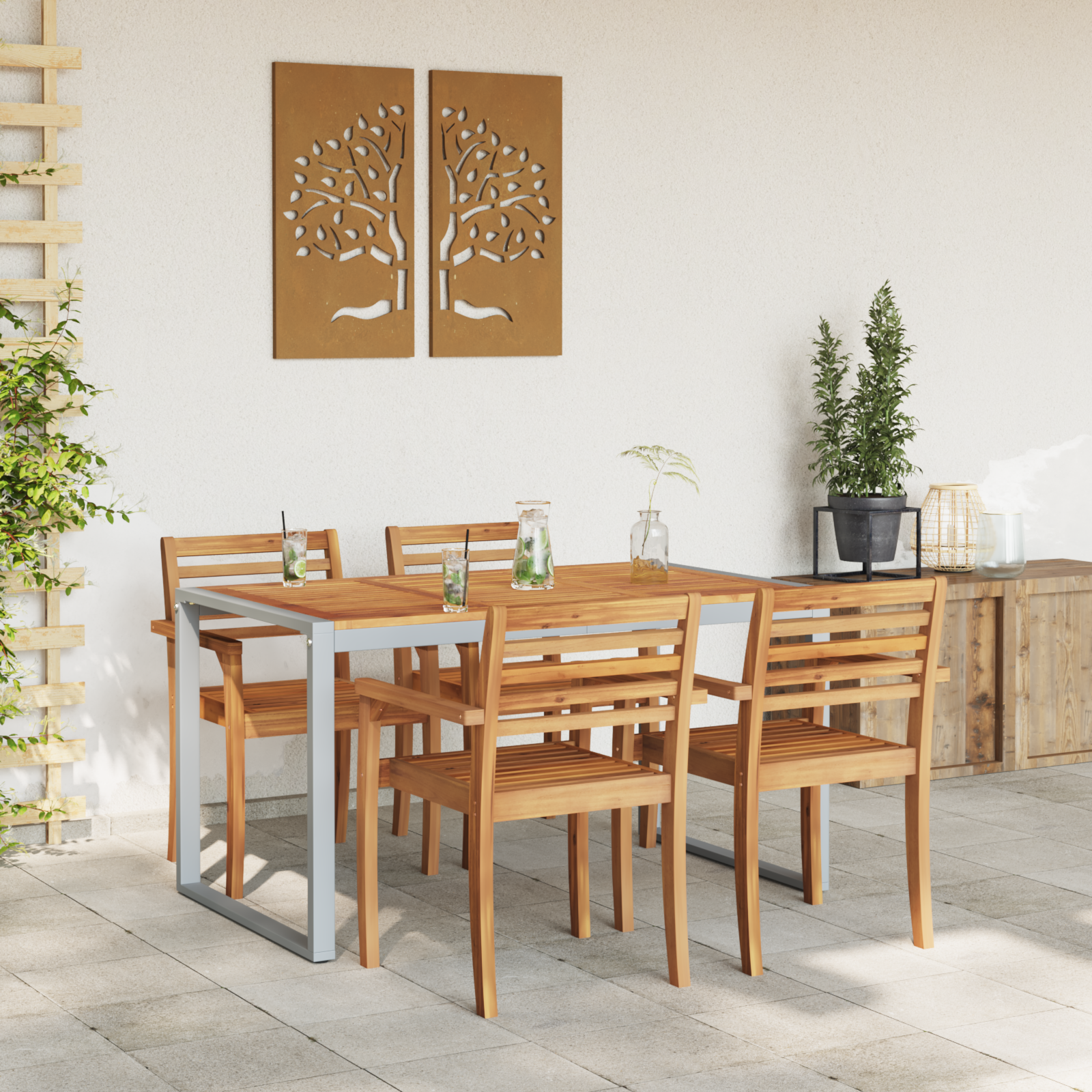 Tavolo da pranzo da esterno Grigio 140x80x75 cm Acciaio e Legno Massello di Acacia