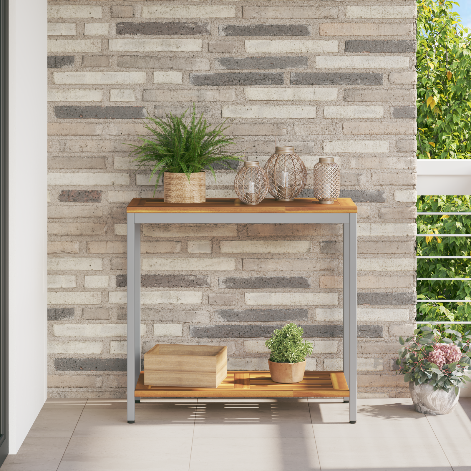 Tavolo da Esterno Naturale e Grigio 35x80x75 cm Legno Massello e Acciaio