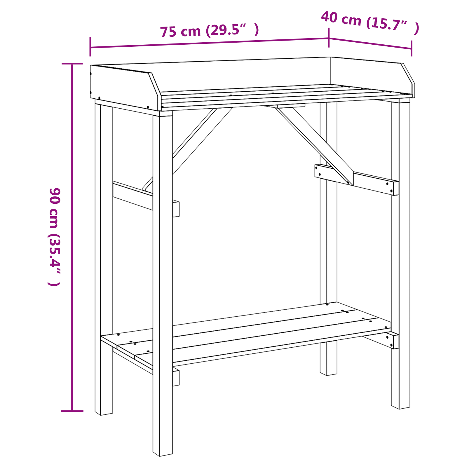 Tavolo da giardinaggio 75x40x90 cm in legno massello di pino