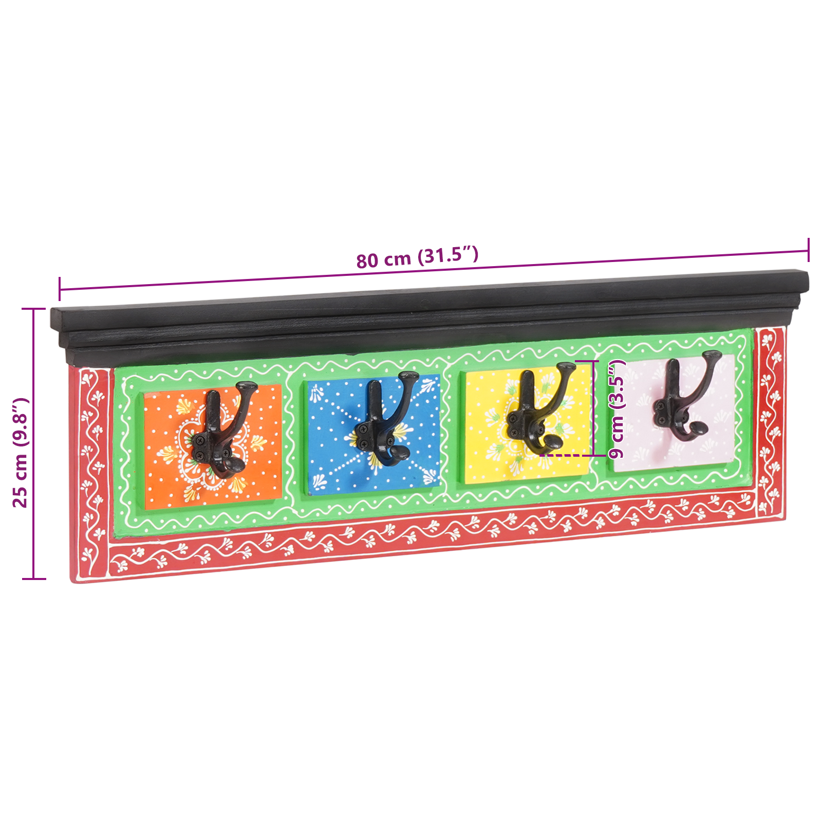 Appendiabiti da parete con 4 ganci 80x25x2 cm in legno mango e legno ingegnerizzato