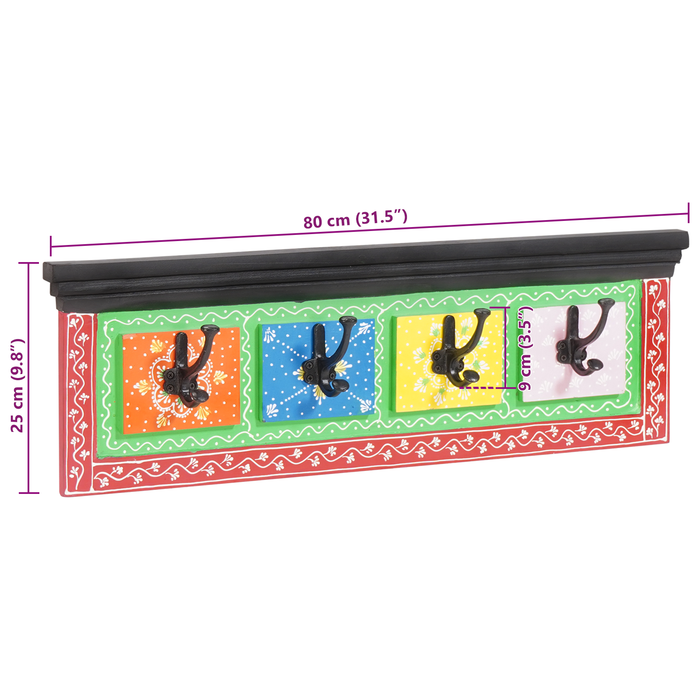 Appendiabiti da parete con 4 ganci 80x25x2 cm in legno mango e legno ingegnerizzato