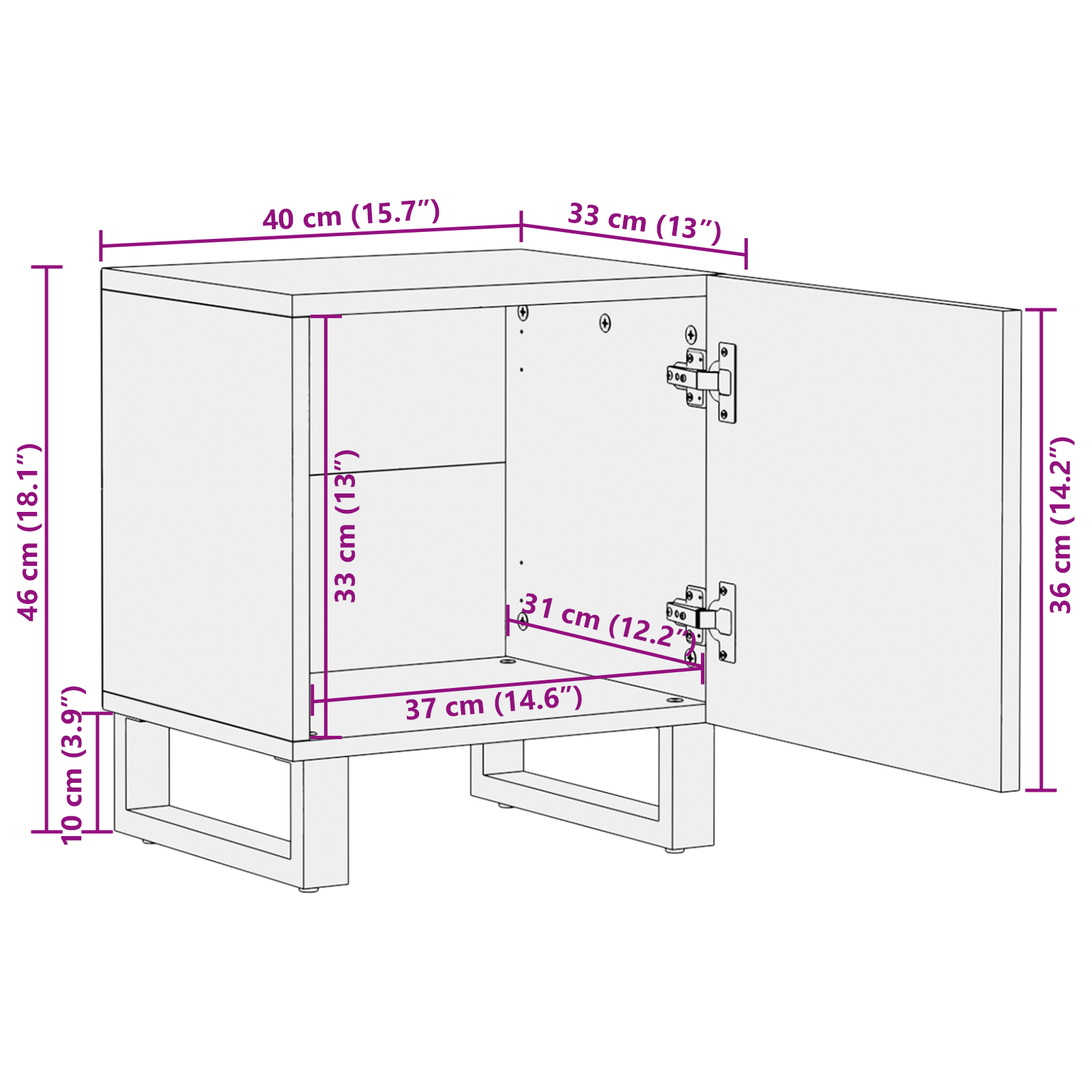 Comodino 40x33.5x46 cm in legno massello di mango