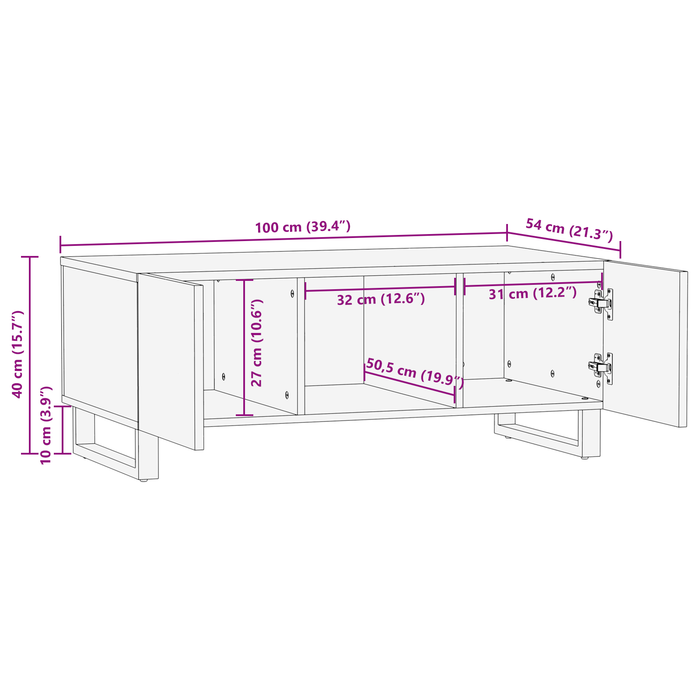 Tavolino da caffè 100x54x40 cm in legno massello e legno ingegnerizzato