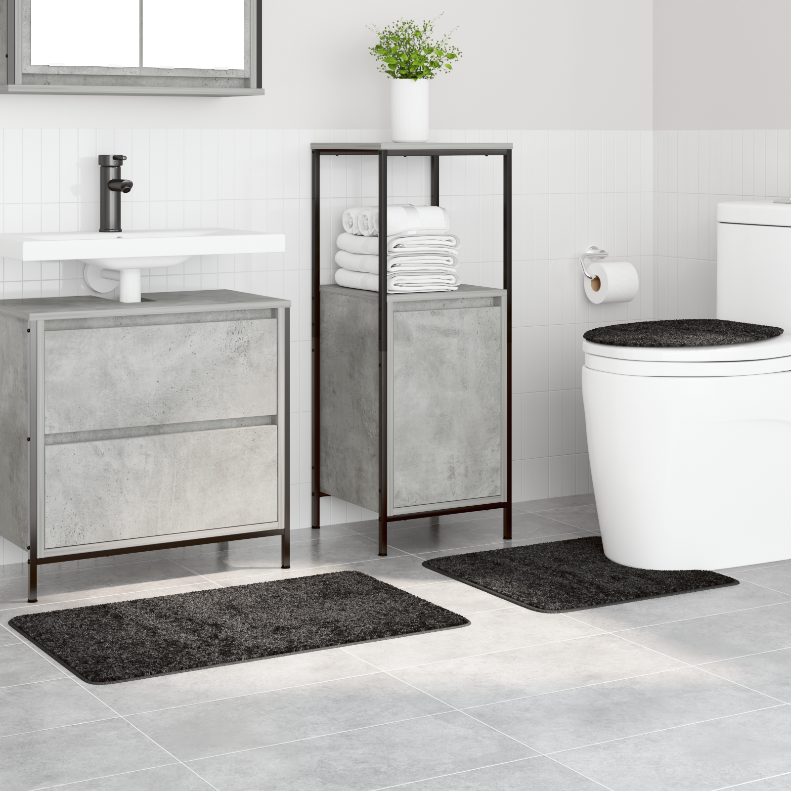 Set di 3 Tappetini da Bagno Grigio Scuro in Polipropilene Antiscivolo