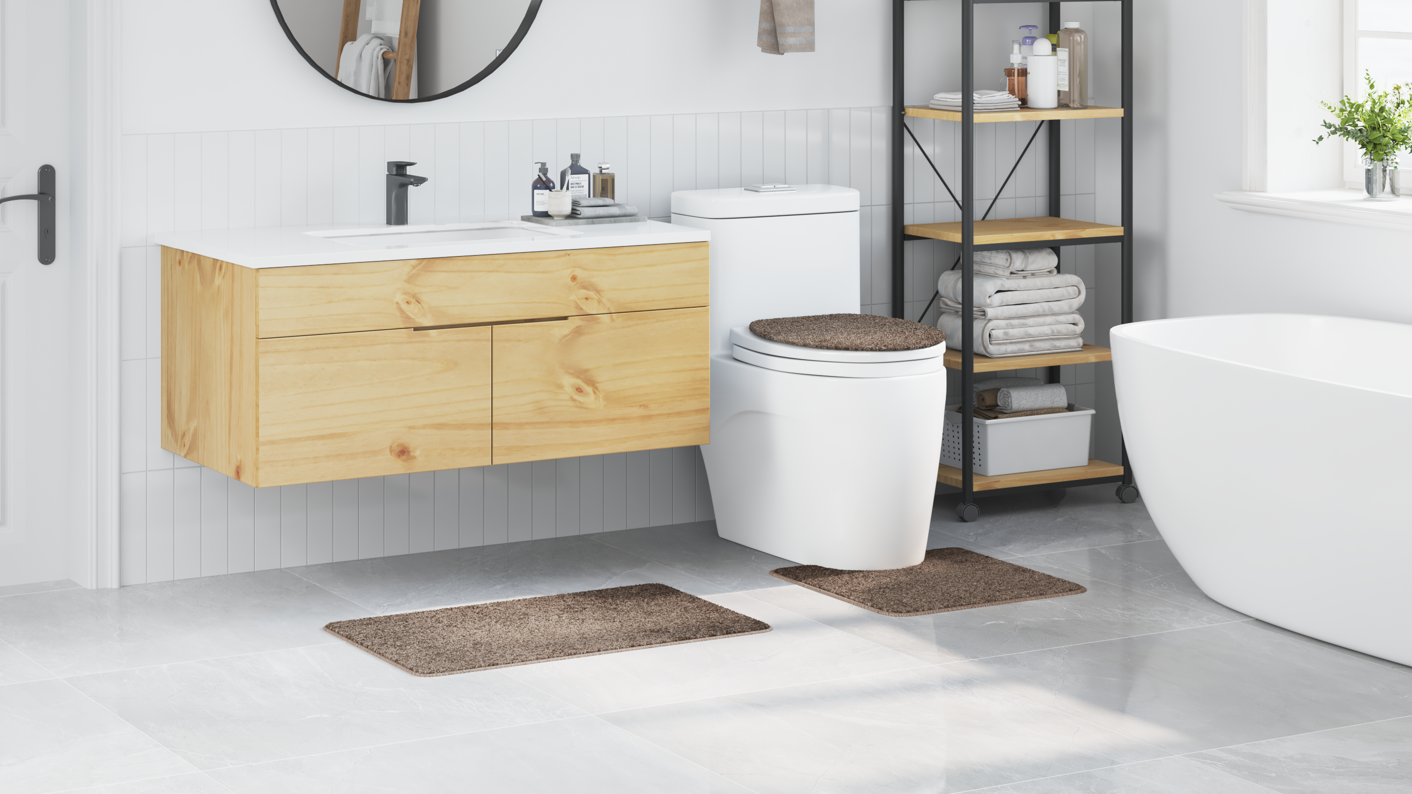 Set di Tappetini da Bagno 3 Pezzi Marrone in Polipropilene Antiscivolo