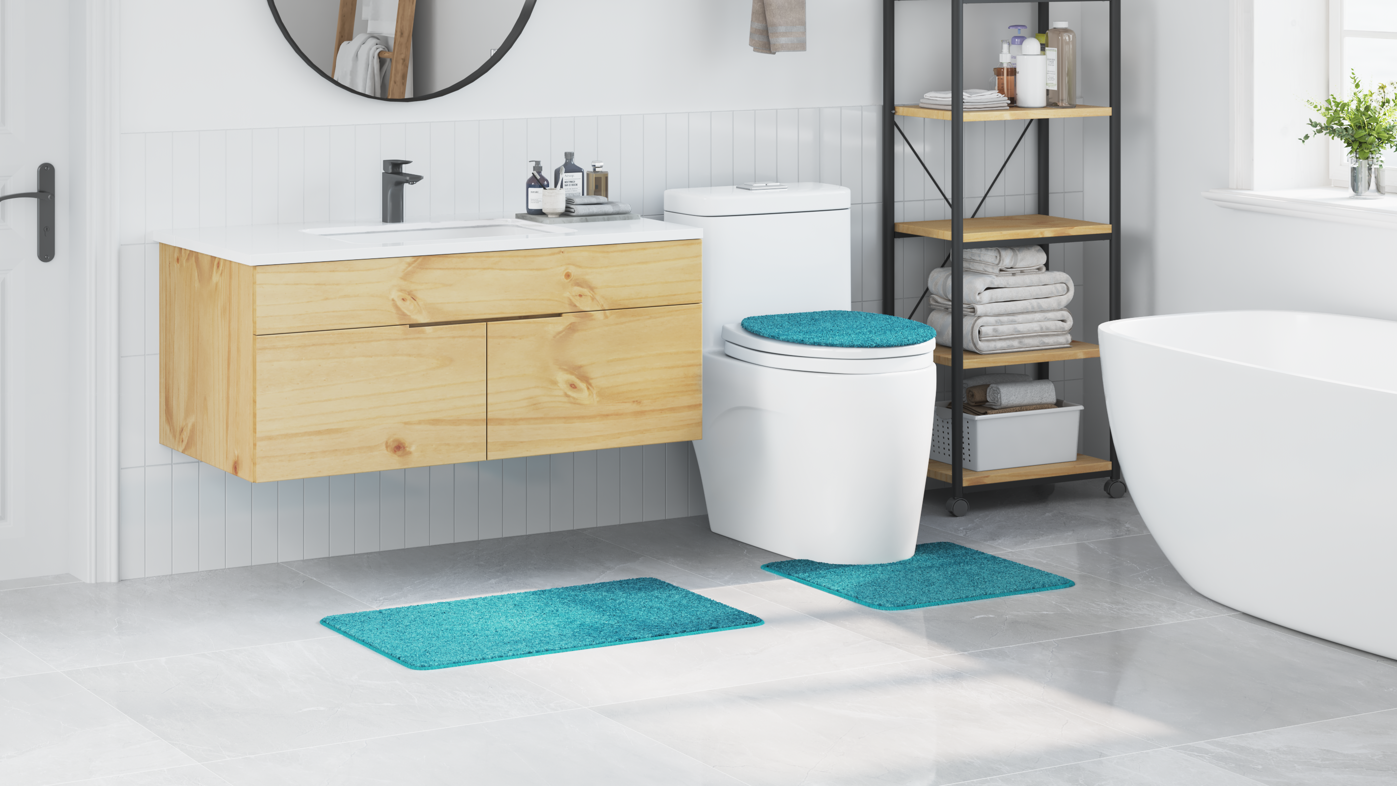 Set di Tappetini da Bagno in 3 Pezzi Turchese in Polipropilene Antiscivolo