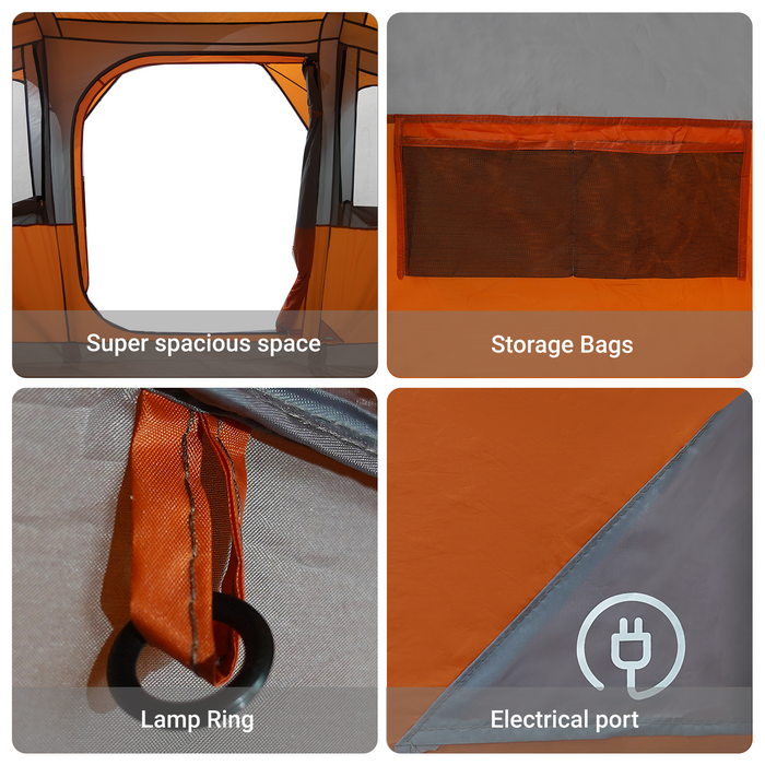 Tenda Familiare con Finestre Dome Grigia e Arancione Impermeabile per 10 Persone