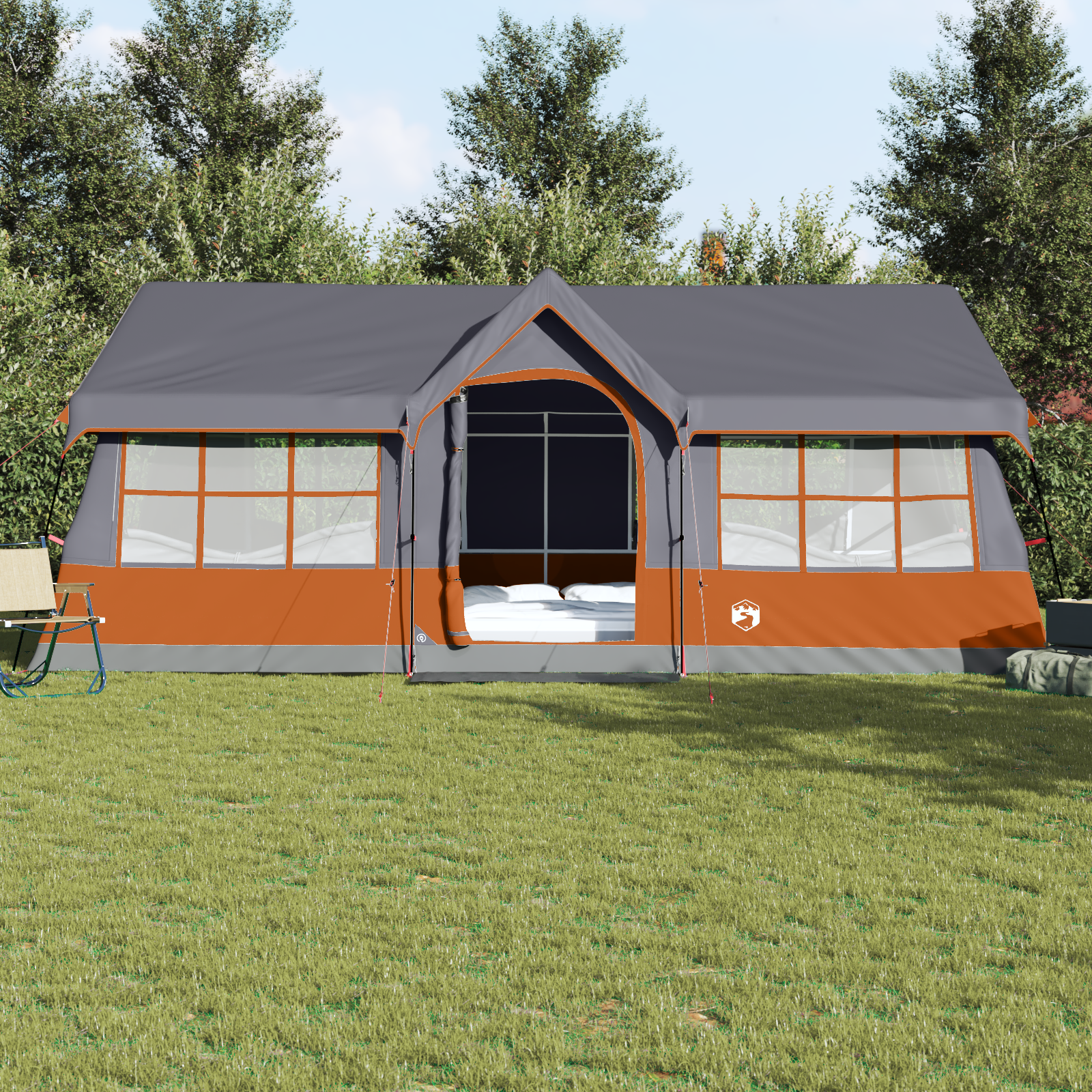 Tenda da campeggio impermeabile per 12 persone con finestre grigia e arancione.