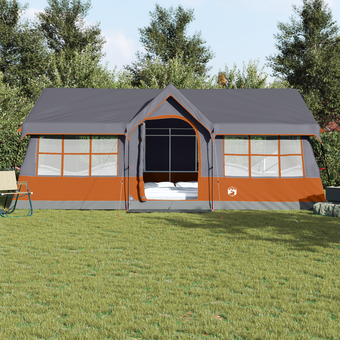 Tenda da campeggio impermeabile per 12 persone con finestre grigia e arancione.