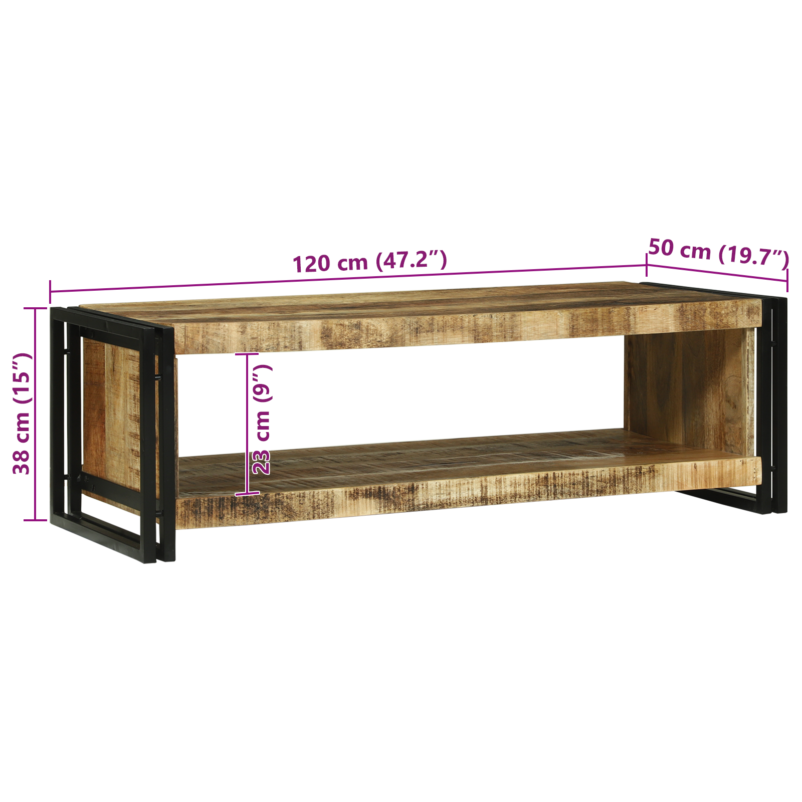 Tavolino da Caffè 120x50x38 cm Legno Massello Grezzo di Mango