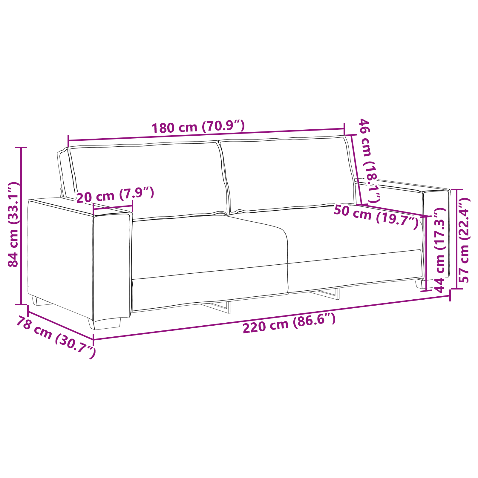 Divano a 3 posti rosso vino 180 cm in tessuto