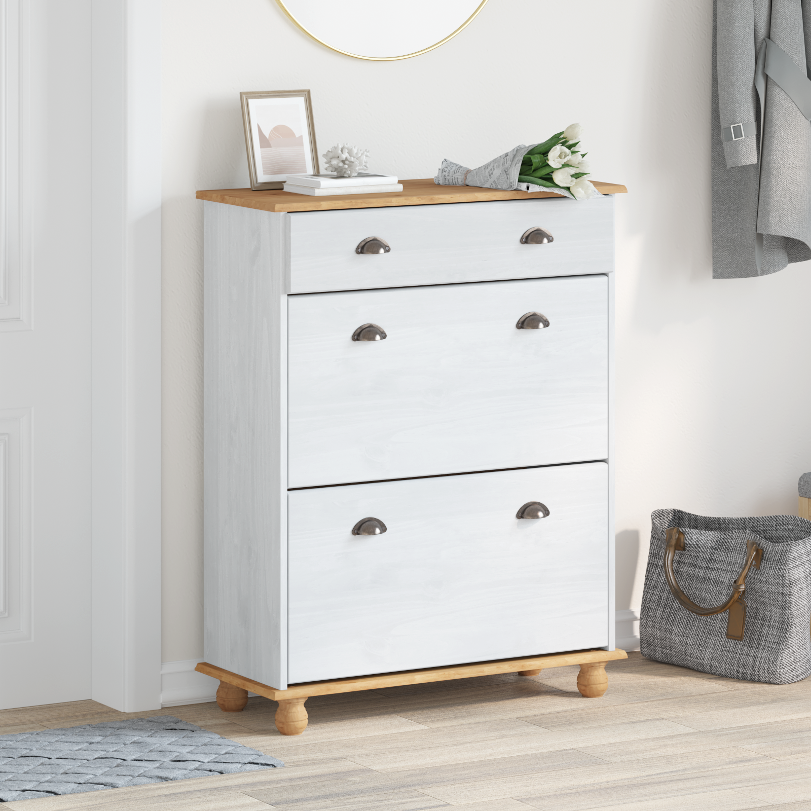 Armadio per scarpe ASKIM Bianco 85x35x108 cm in legno massello di pino