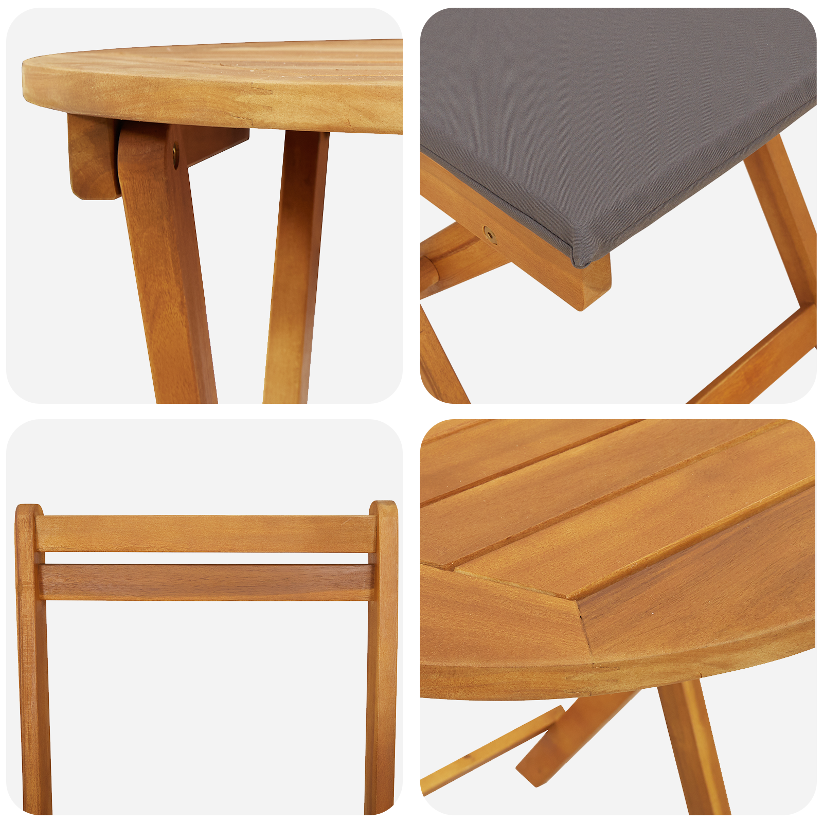 Set Bistro Pieghevole da 3 Pezzi con Cuscini in Legno Massello Acacia