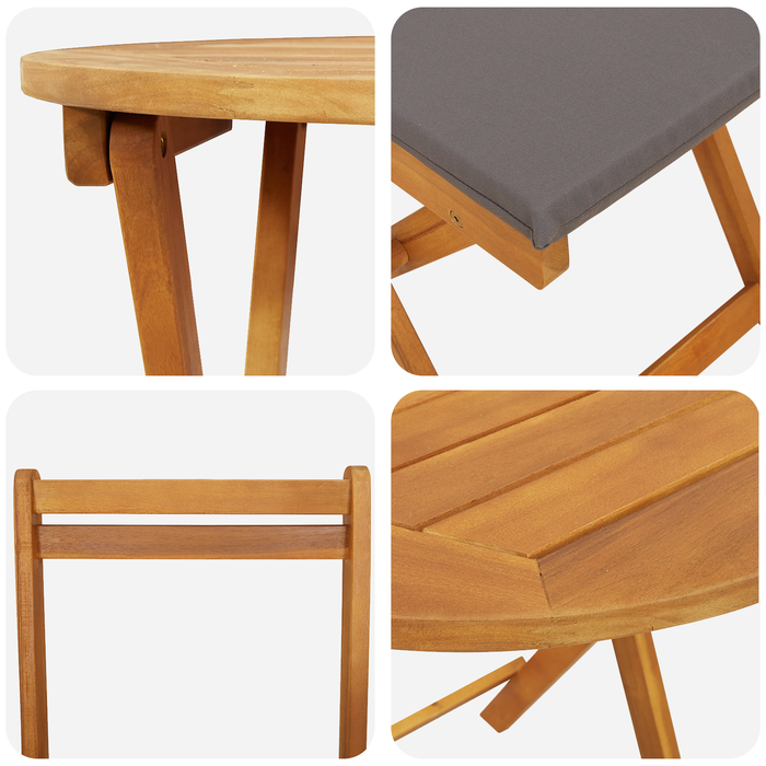 Set Bistro Pieghevole da 3 Pezzi con Cuscini in Legno Massello Acacia