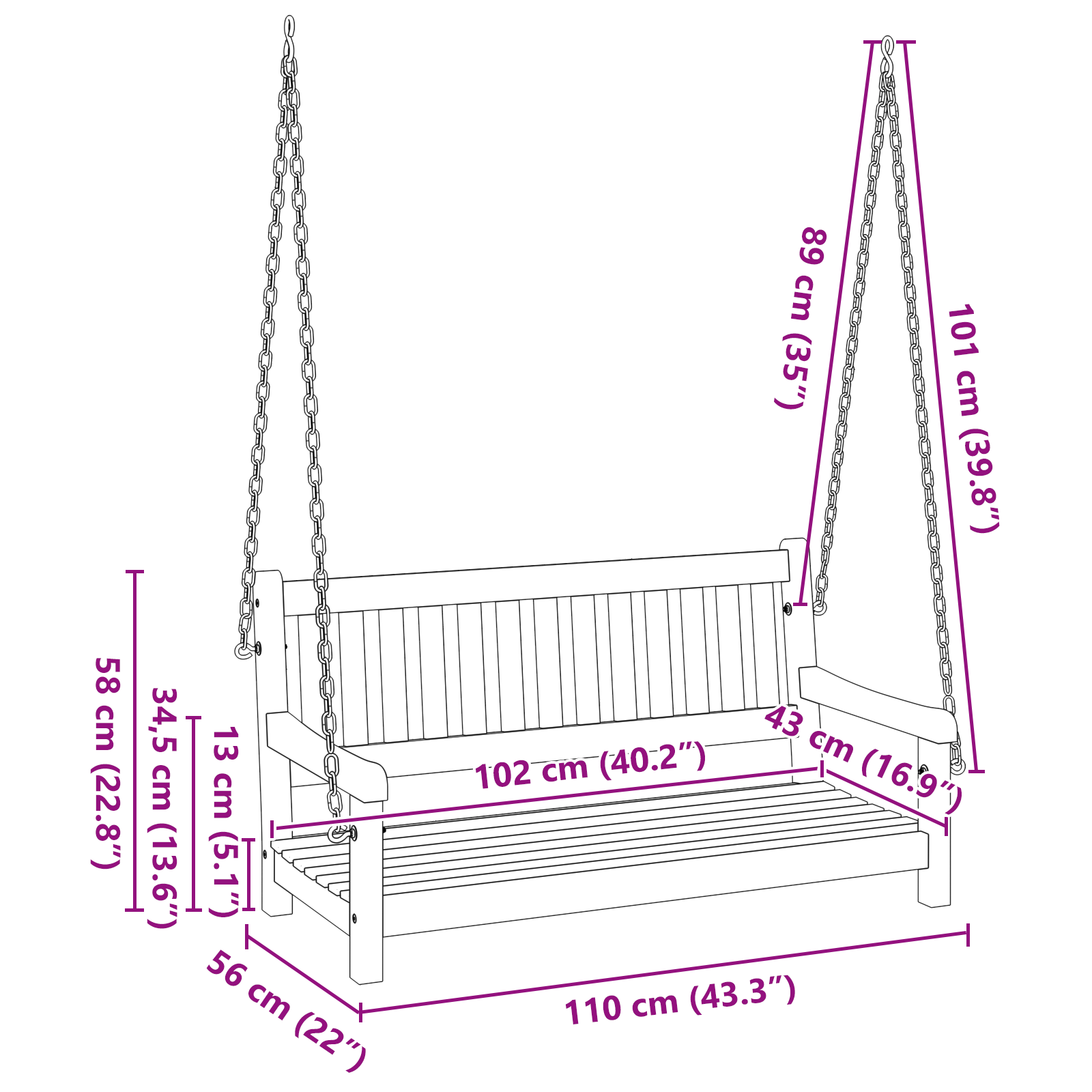 Panchina da dondolo 2 posti in legno massello di acacia 110x56x58 cm