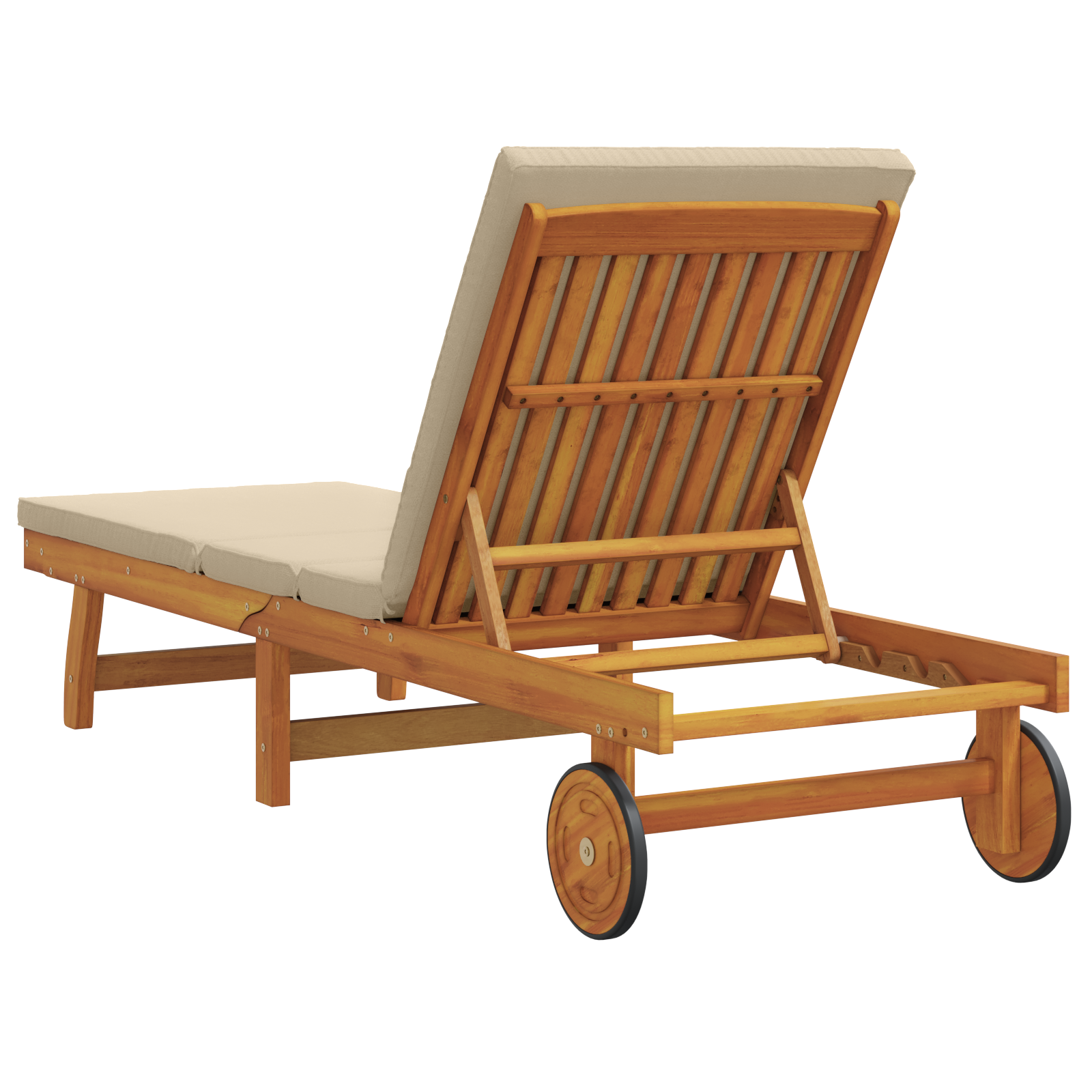 Lettino prendisole  con ruote e cuscino beige in legno massello