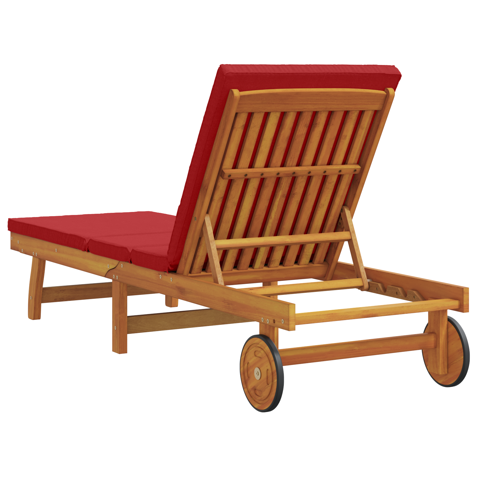 Lettino Prendisole con Ruote e Cuscino Rosso in Legno Massello di