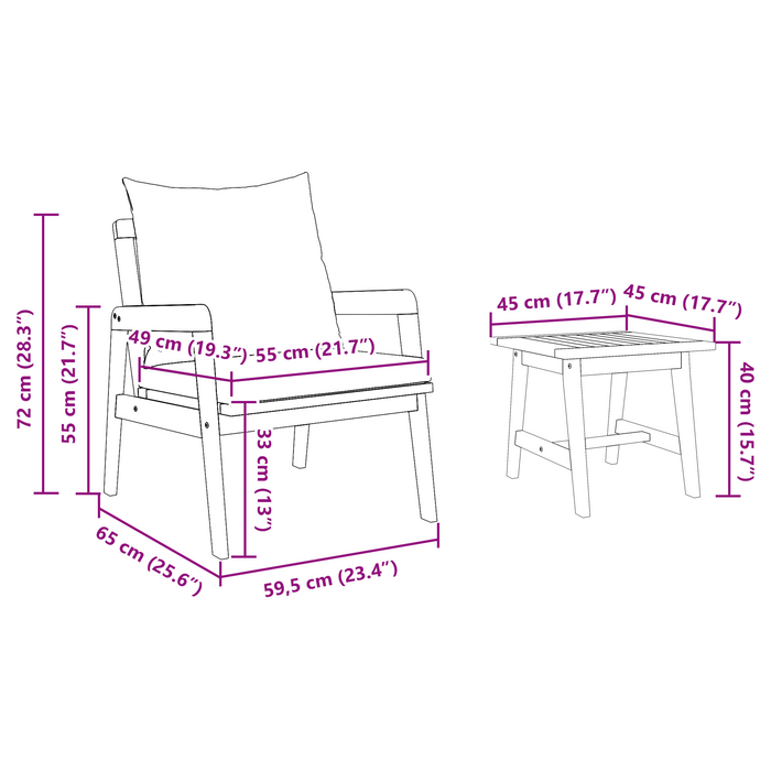 Set Bistro 3 Pezzi con Cuscini in Legno Massello di Acacia