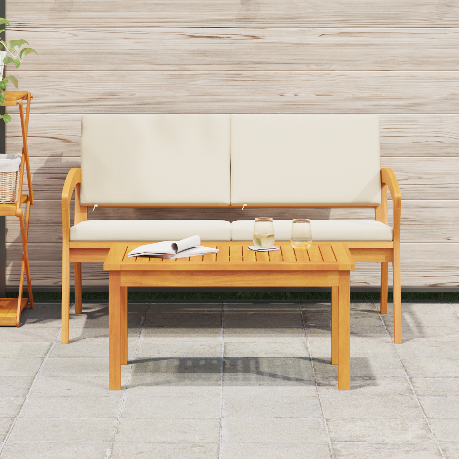 Set Bistro 2 Pezzi con Cuscini in Legno Massello di Acacia