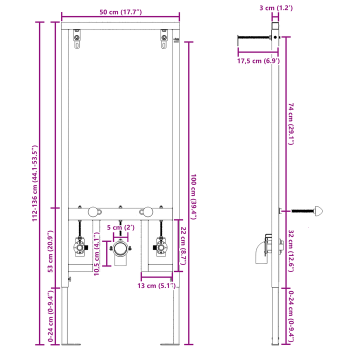 Struttura di montaggio nascosta per bidet 50x112-136 cm in acciaio