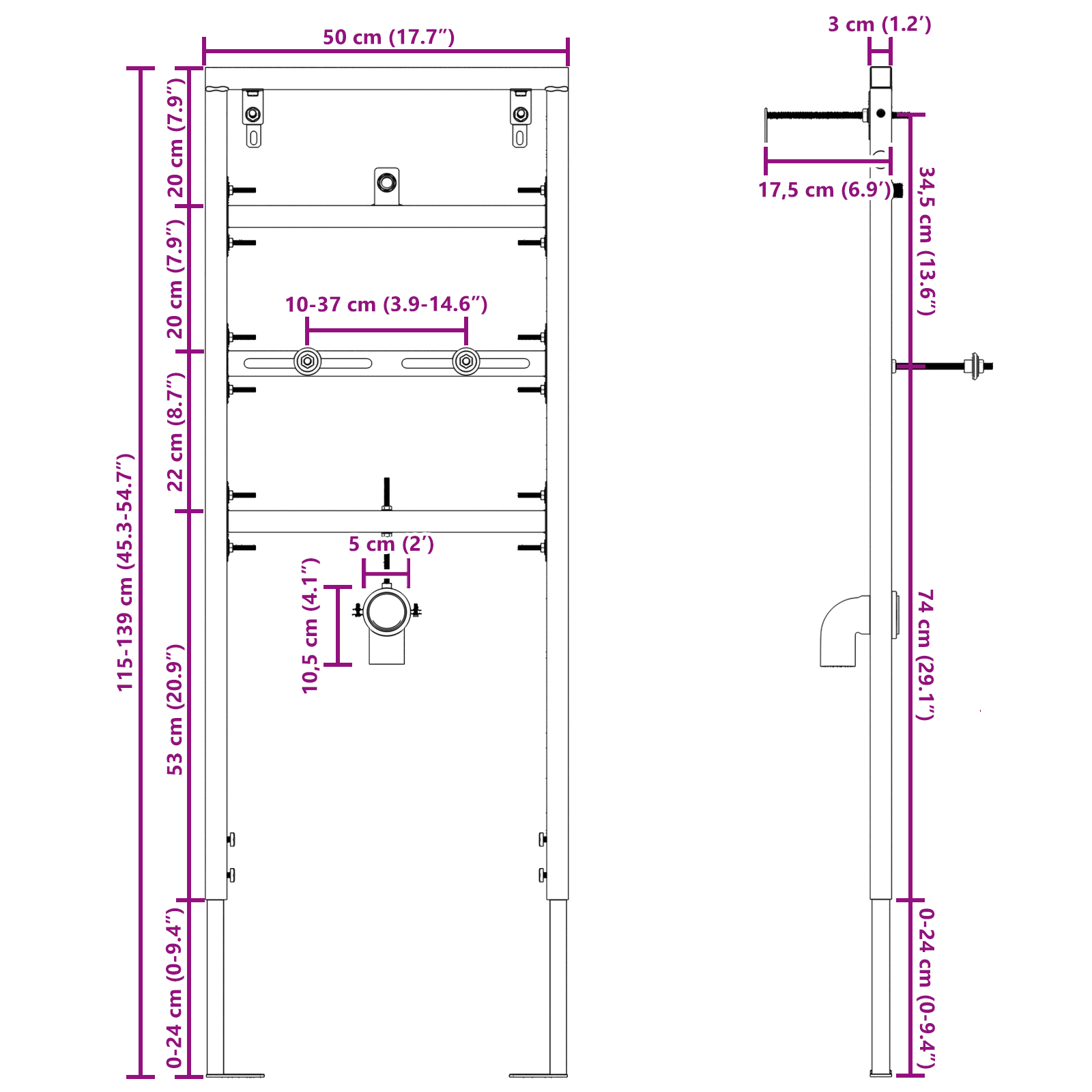 Struttura di Montaggio Nascosta per Urinale 50x115-139 cm Acciaio