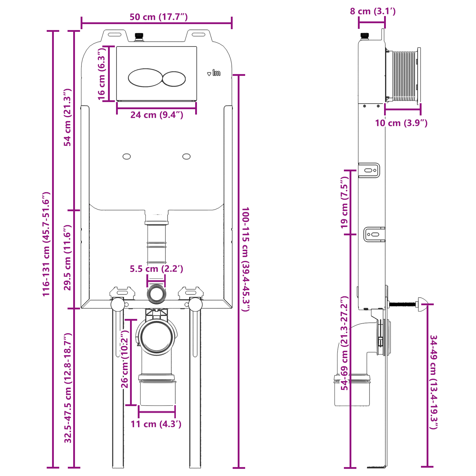 Telaio di montaggio a scomparsa per cassetta di scarico, doppio flusso in acciaio