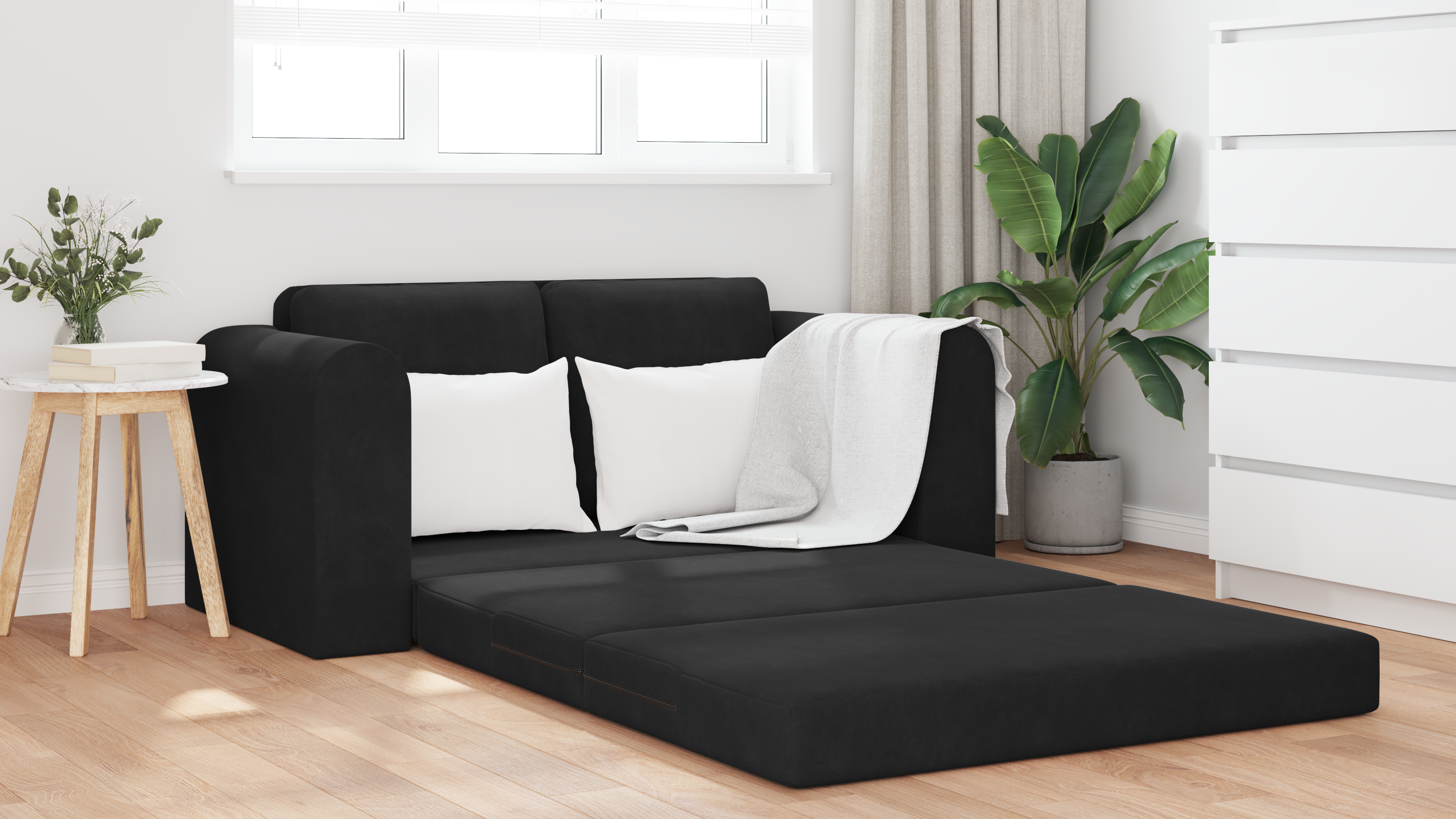 Divano letto a terra 2 in 1 nero 148x71x83 cm in tessuto