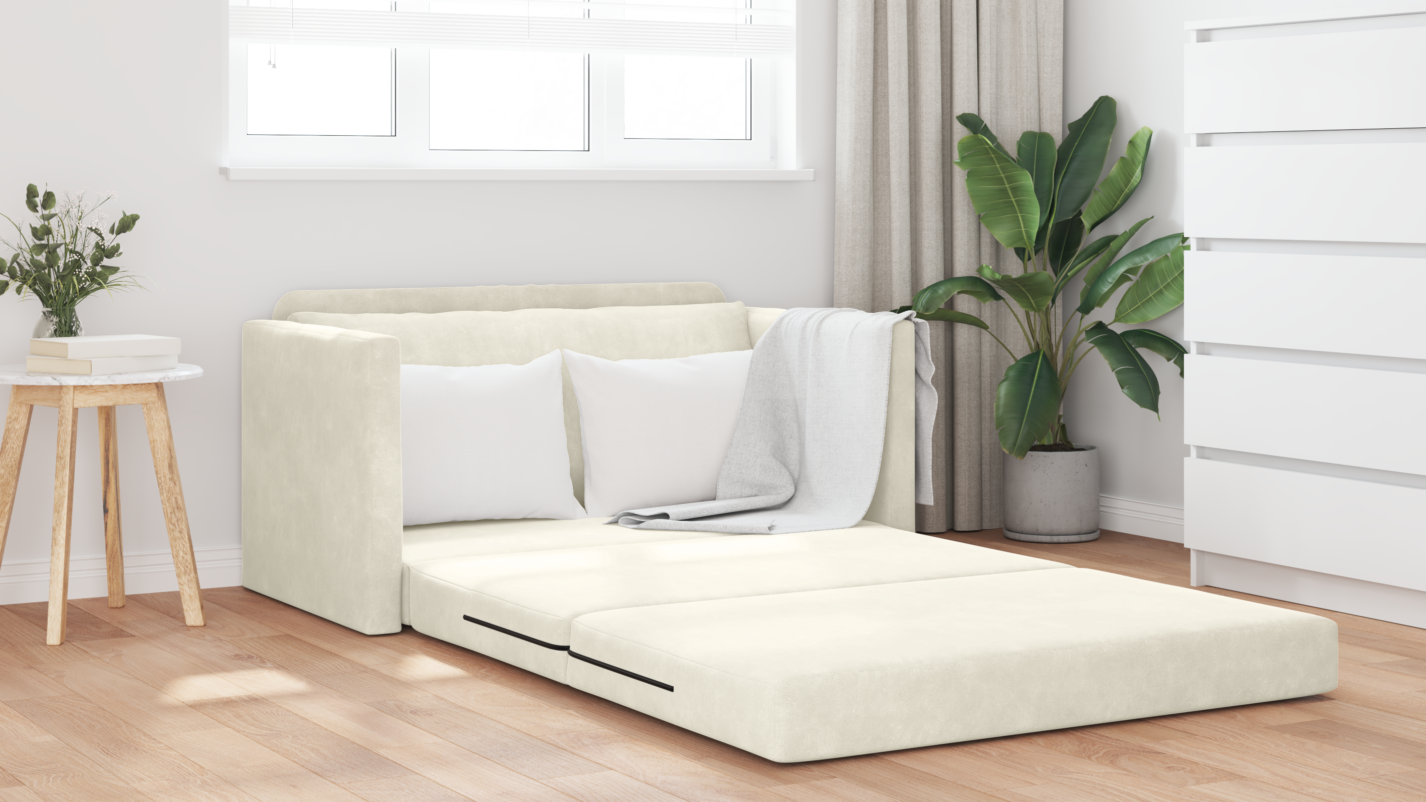 Divano Letto da Terra 2-in-1 Panna 124x204x61 cm Velluto