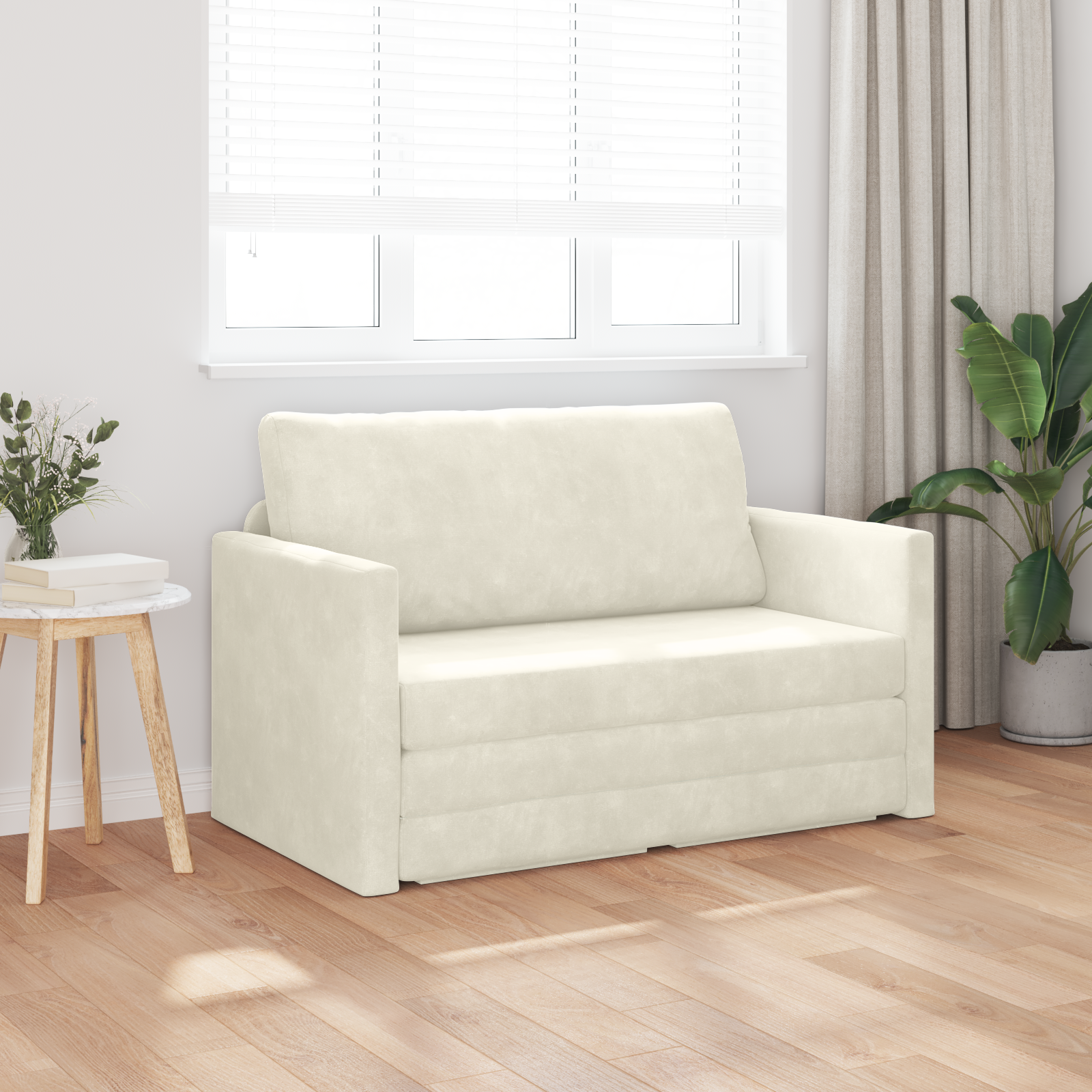 Divano Letto da Terra 2-in-1 Panna 124x204x61 cm Velluto