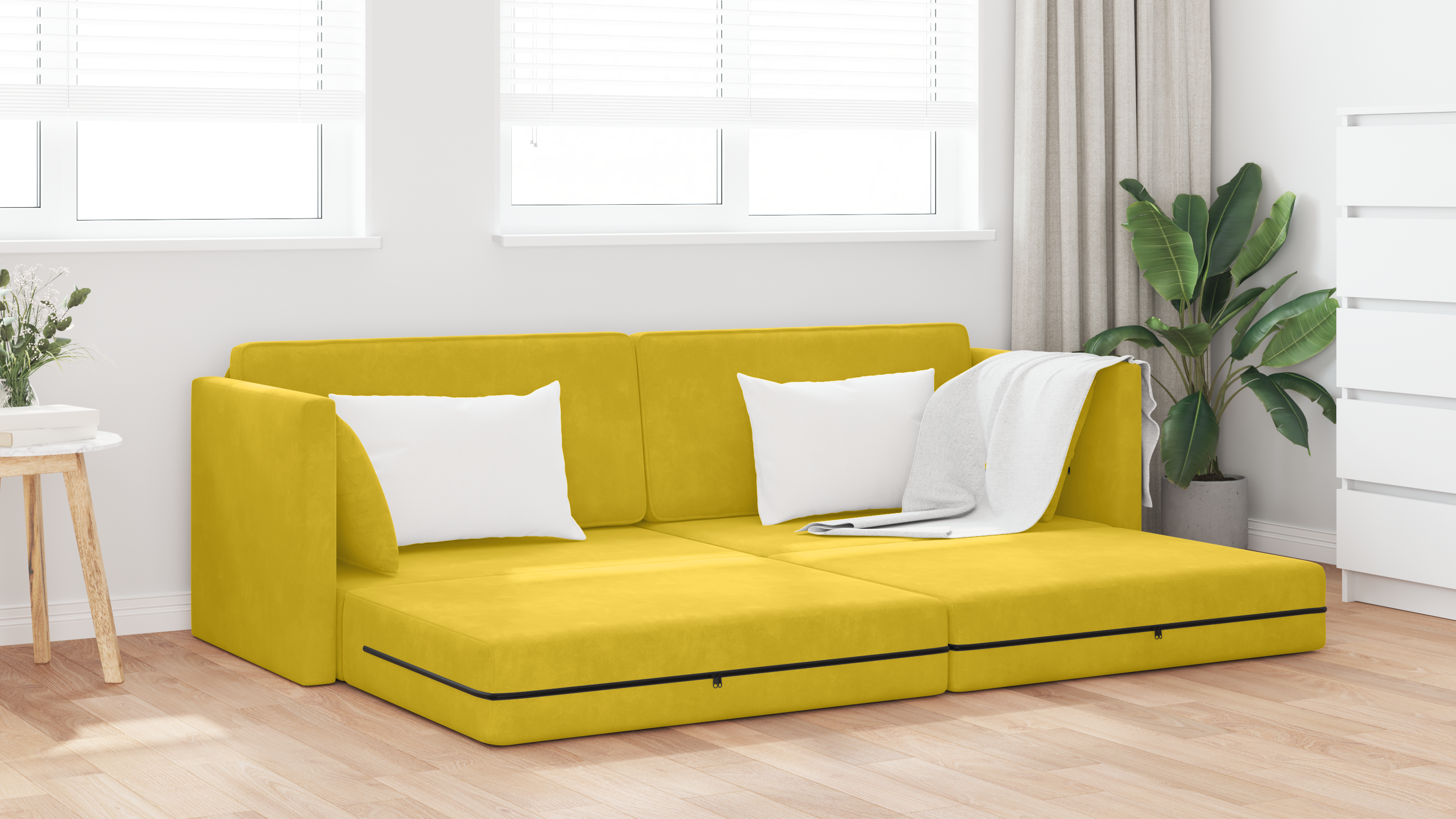Divano Letto 2-in-1 Giallo 213x144x60 cm in Velluto