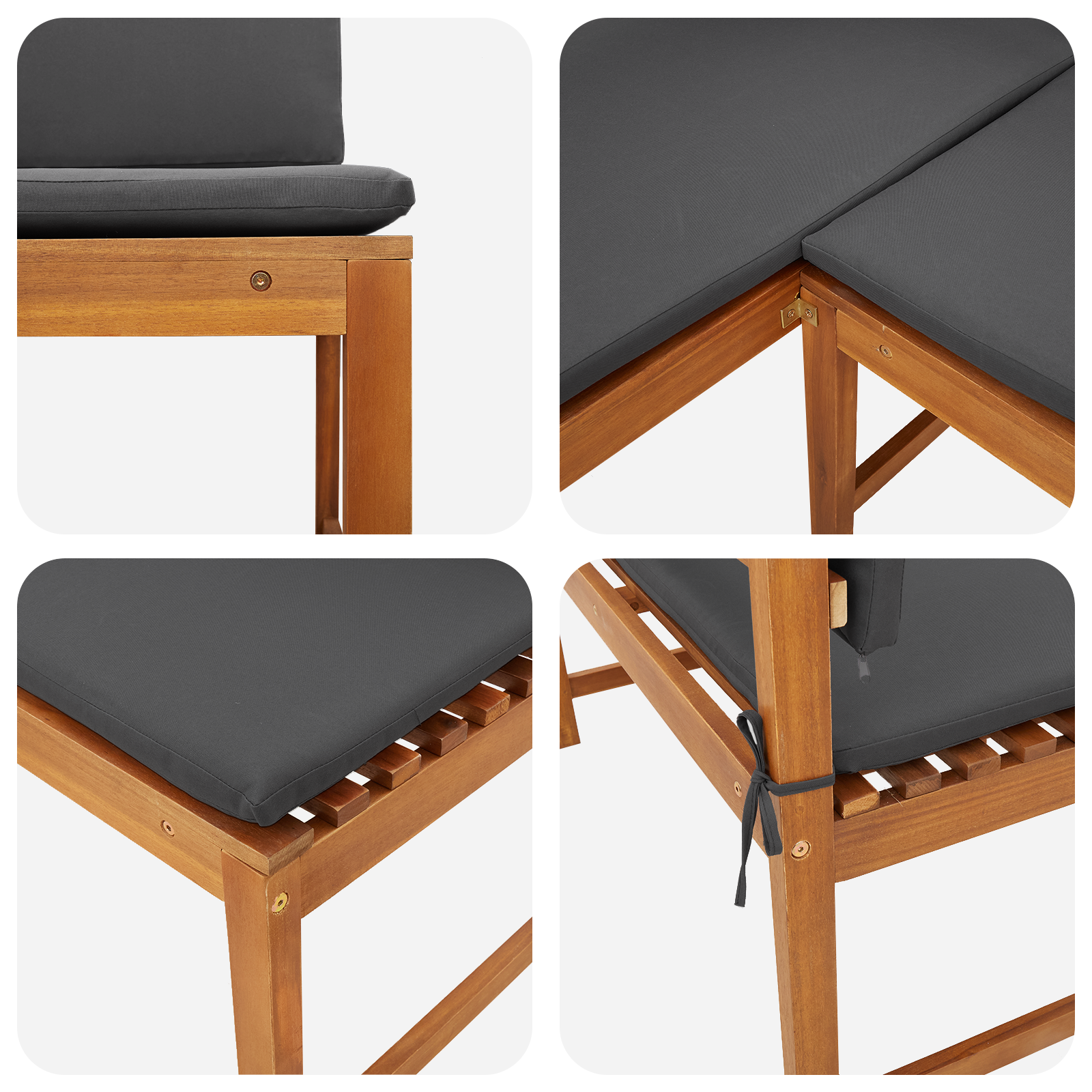 Panchina d'angolo da giardino  con cuscini 140x100x91 cm in legno massello di acacia