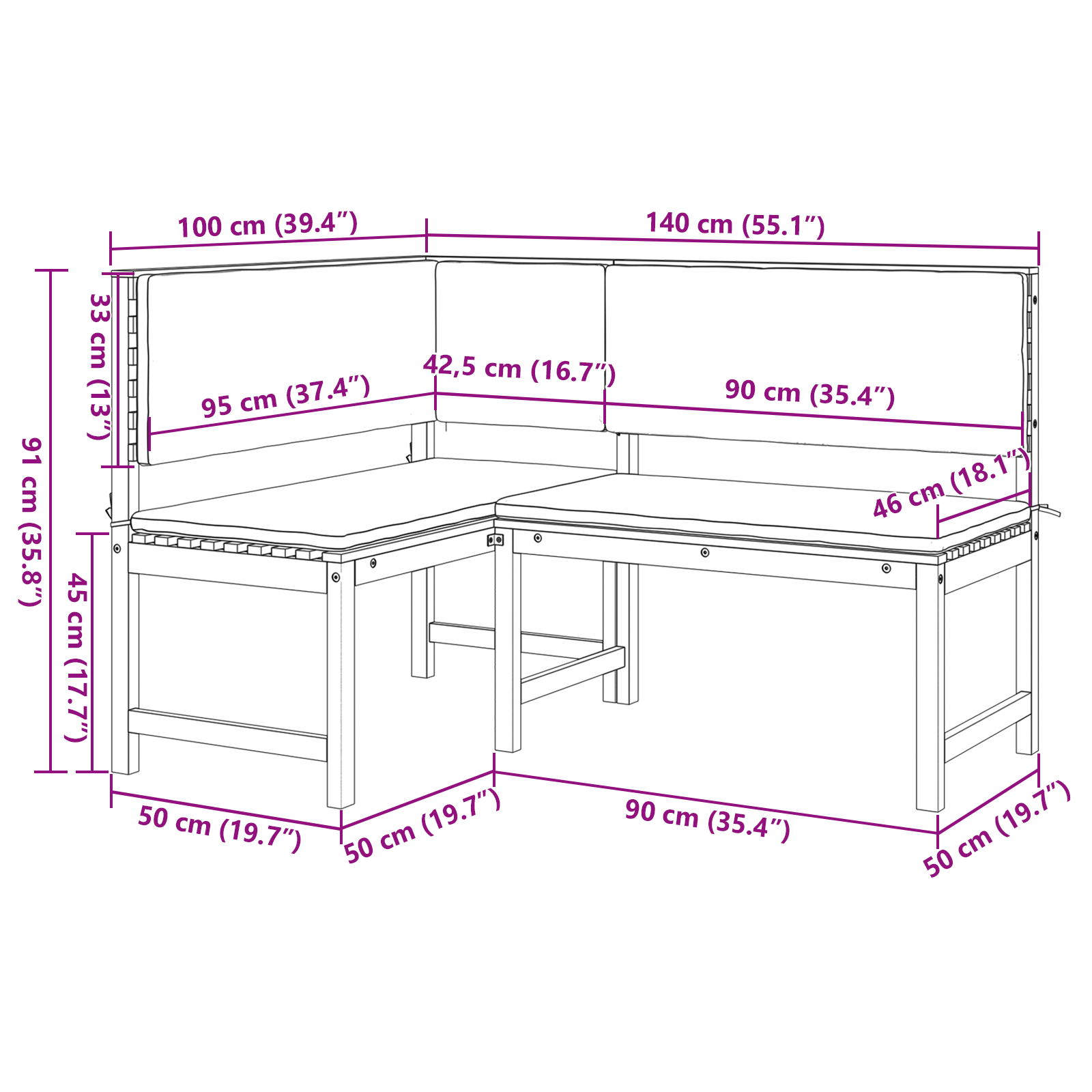 Panchina d'angolo da giardino  con cuscini 140x100x91 cm in legno massello di acacia