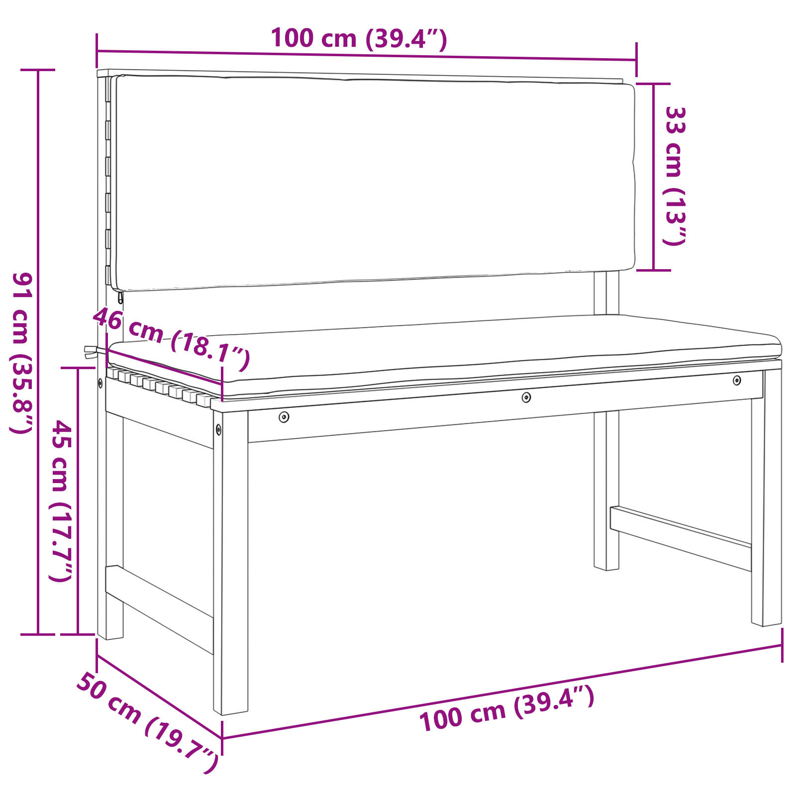 panchina da giardino  con cuscini 100x50x91 cm in legno massello di acacia