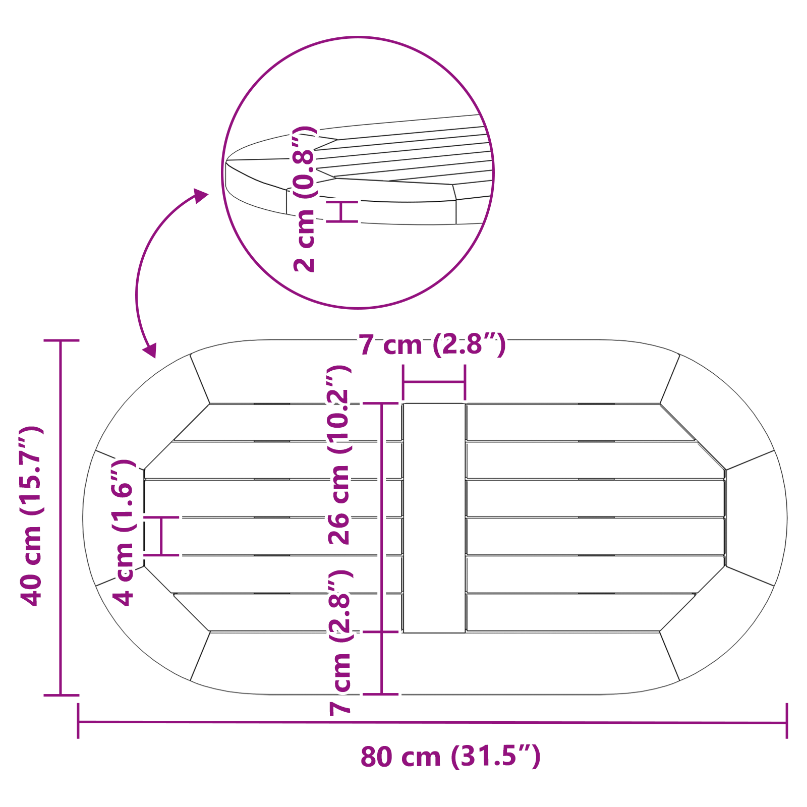 Tavolo Ovale in Legno Massello di Acacia 80x40x2 cm