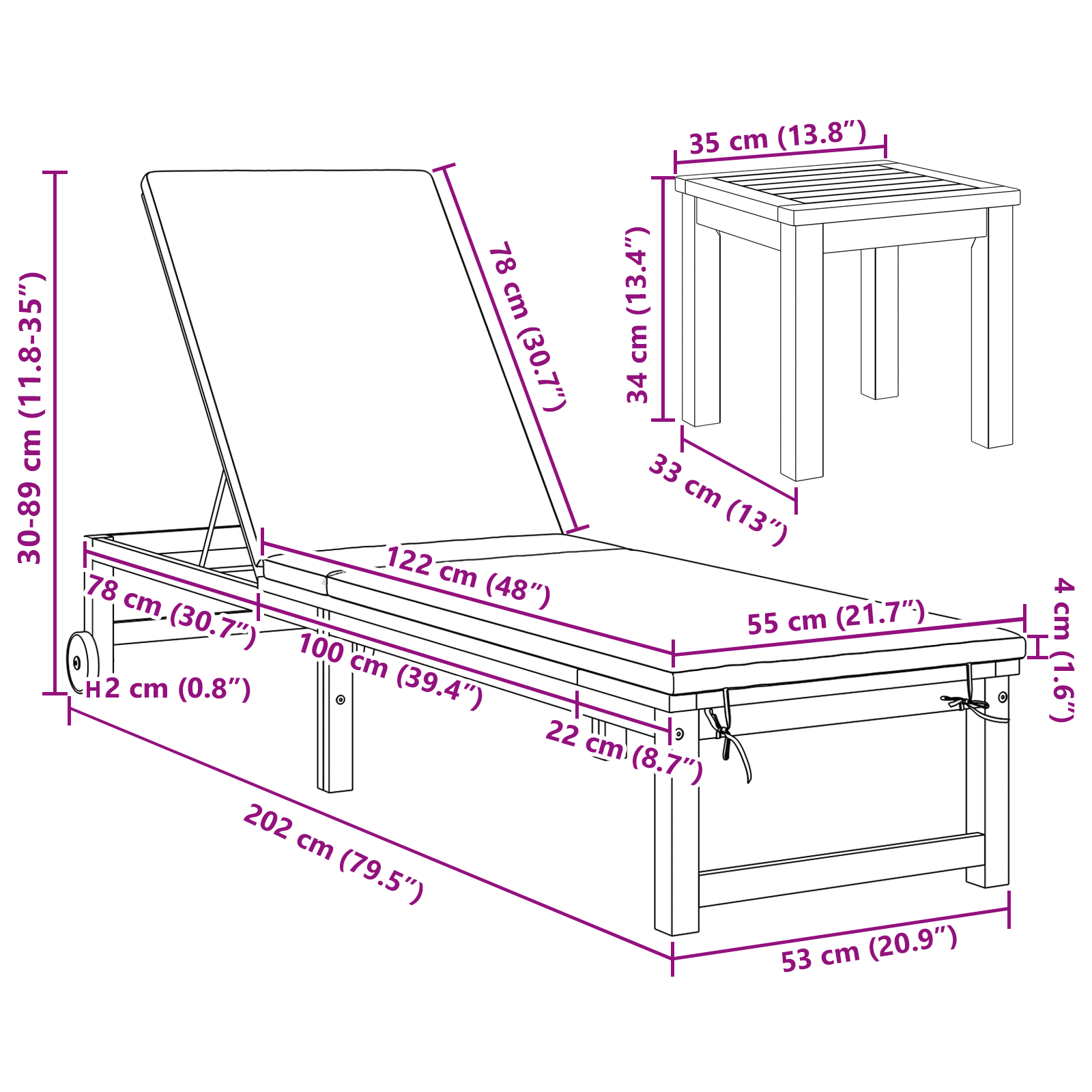 Lettino prendisole in legno massiccio di acacia con tavolo