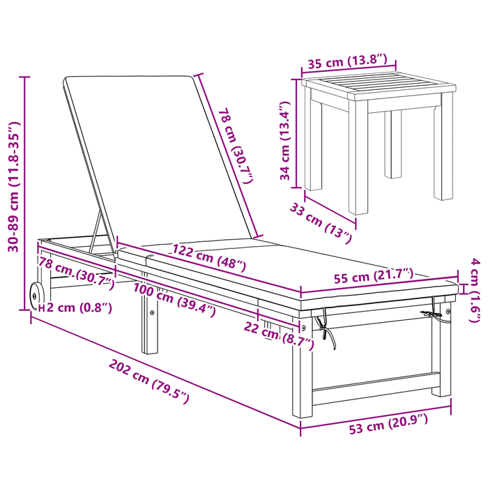 Lettino prendisole in legno massiccio di acacia con tavolo