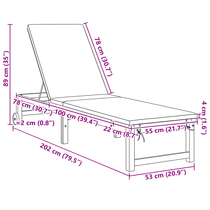 Lettino prendisole con cuscini panna in legno di acacia