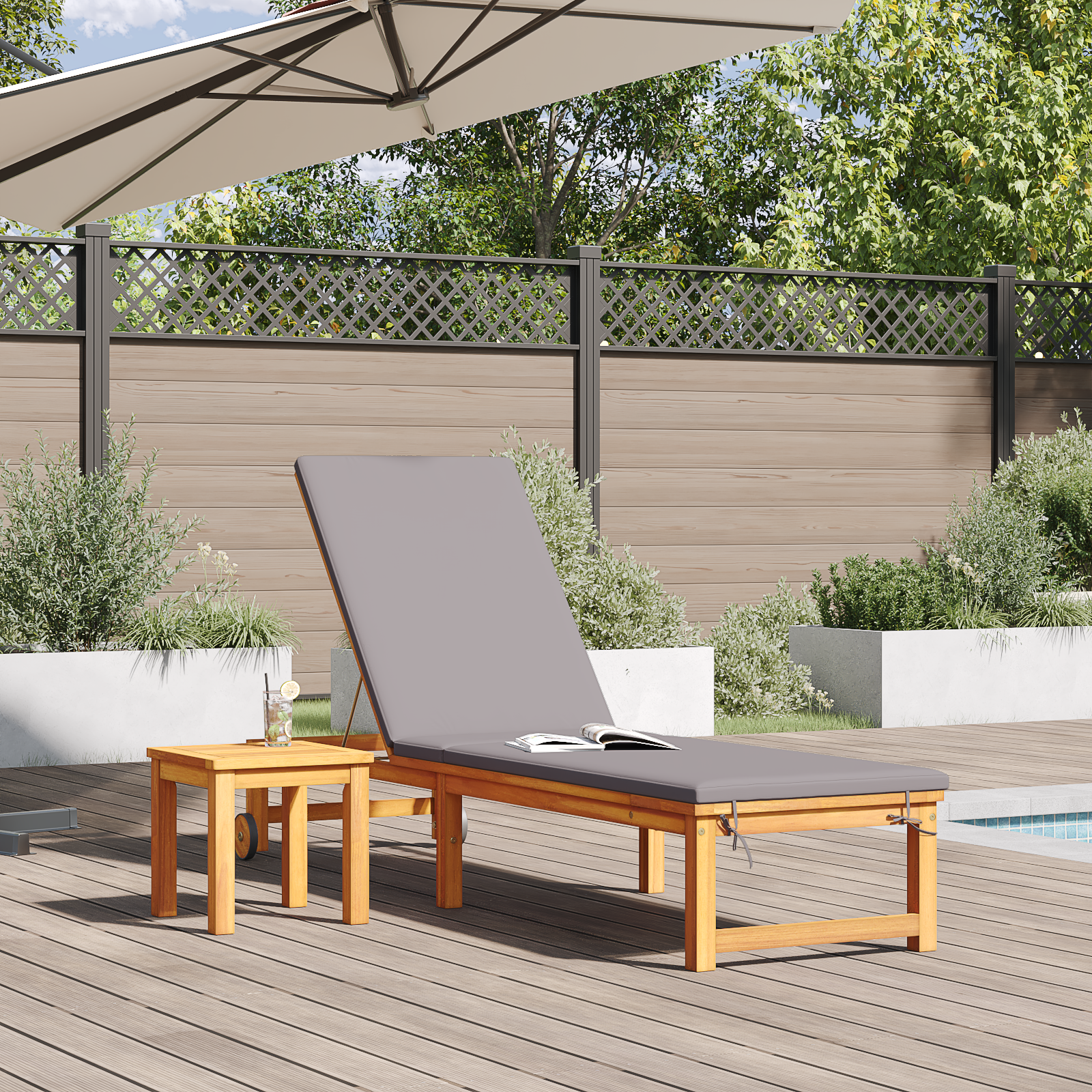 Lettino Prendisole con Cuscini Grigi Chiari in Legno Massello di Acacia