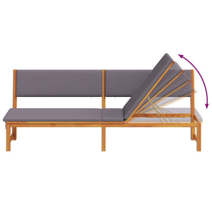 Lettino prendisole 3-in-1 con cuscini grigi chiari in legno massello di acacia