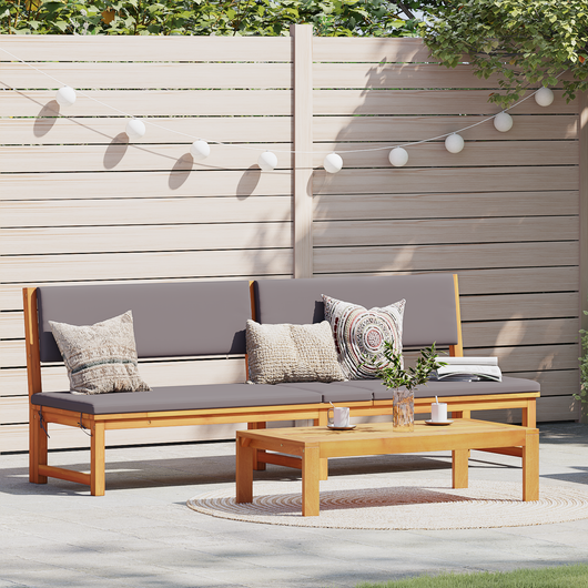 Lettino prendisole 3-in-1 con cuscini grigi chiari in legno massello di acacia