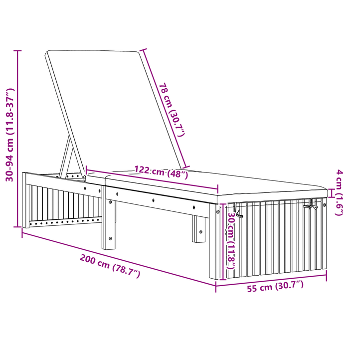 Lettino prendisole con cuscino 200x55x30 cm in legno massello di acacia