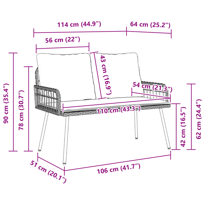 Panchina da Giardino  Nera 114x64x78 cm in Polyrattan