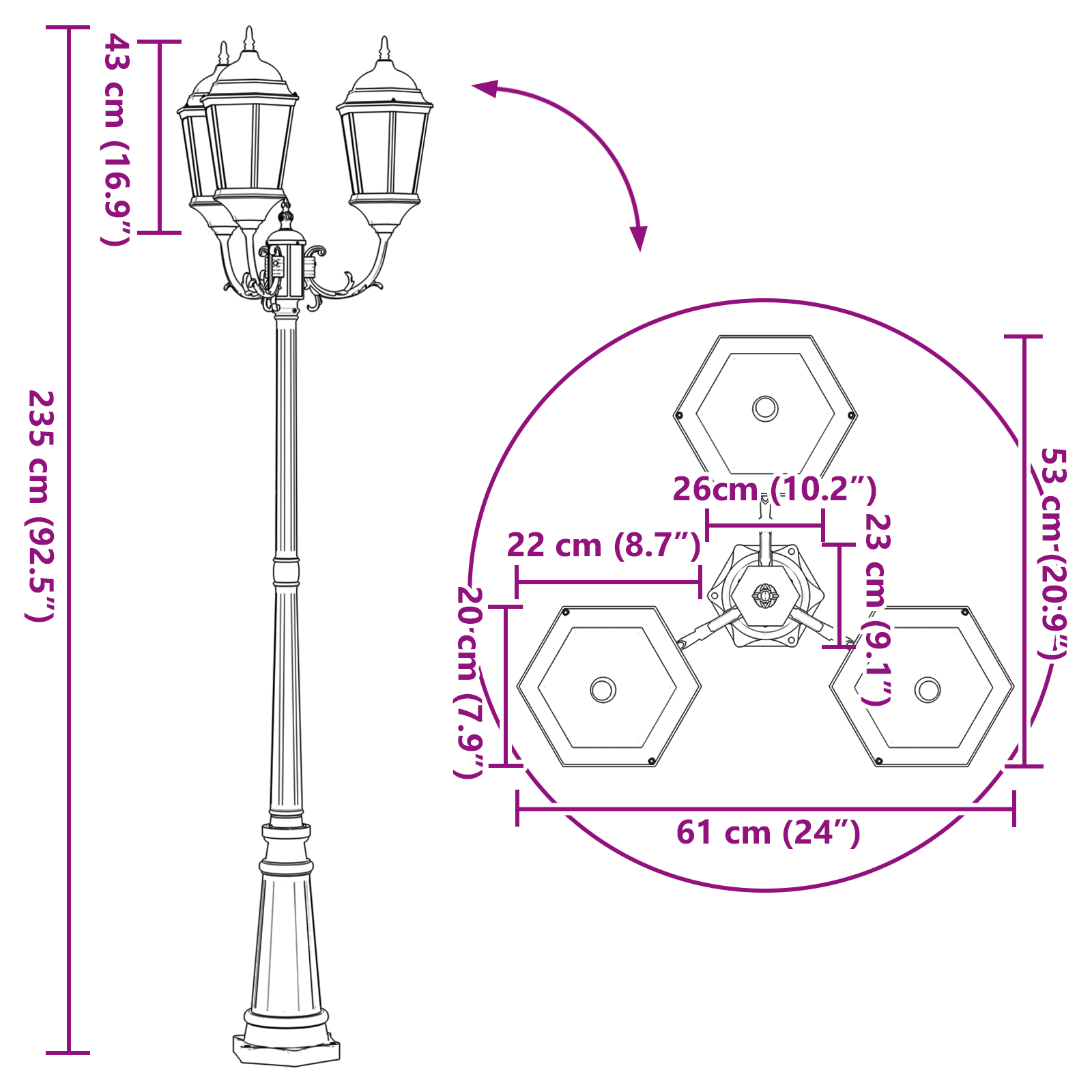 Palo di Luce da Giardino 3-Lampade E27 Bianco 235 cm Alluminio
