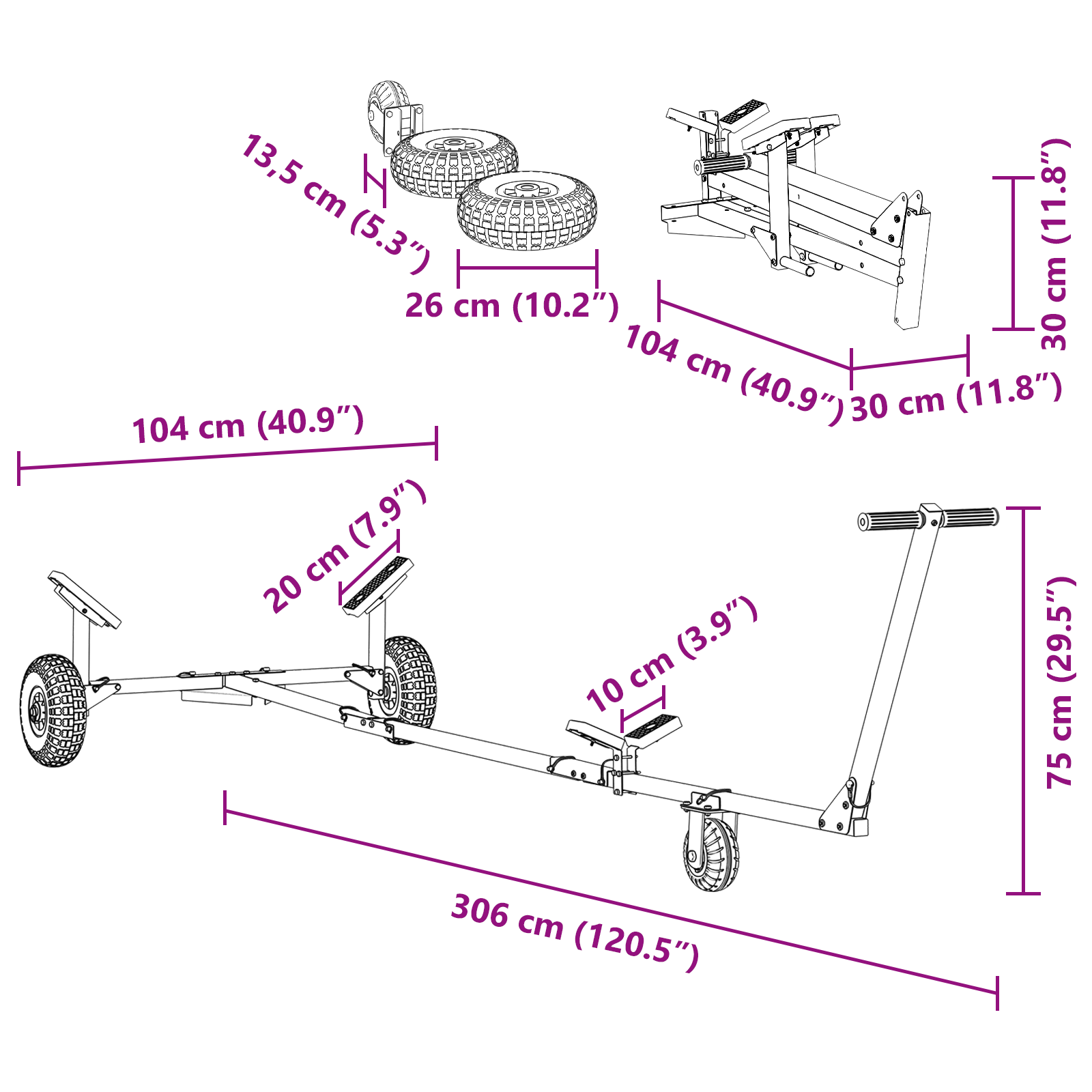 Carrello per barche con 3 ruote, pieghevole e regolabile, 160 kg in acciaio