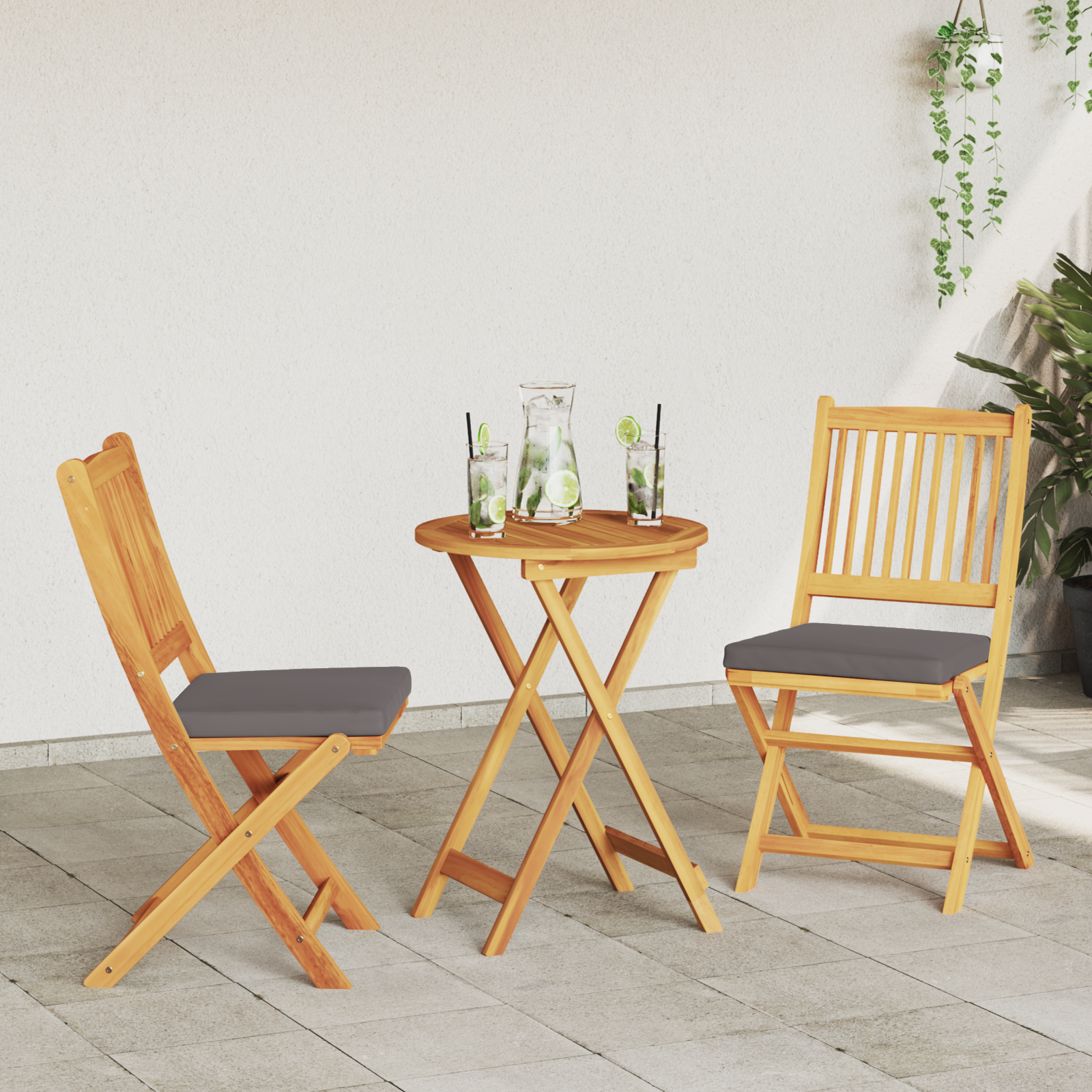 Sedia da giardino pieghevole  con cuscino grigio 2pz in legno massello di acacia