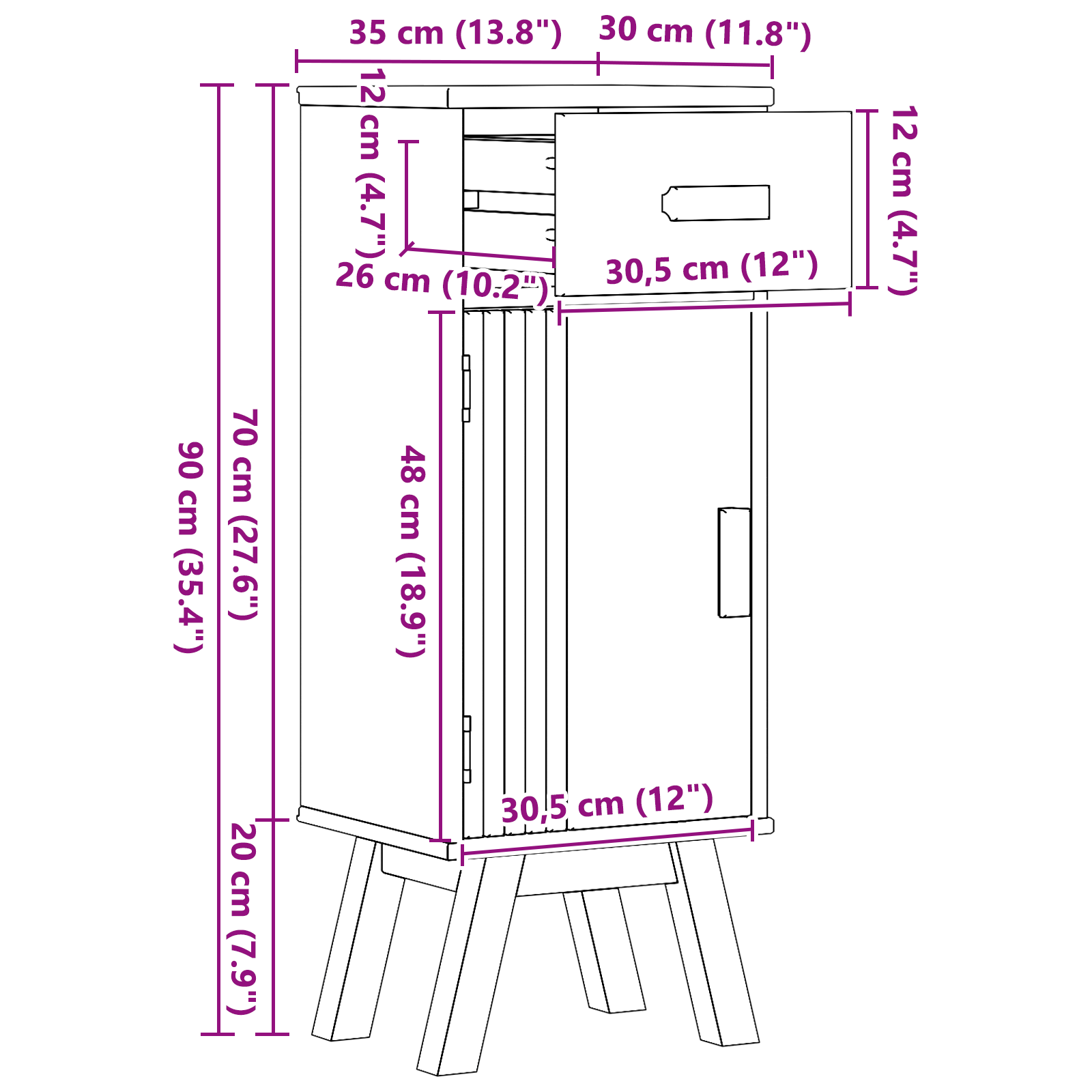 Cabinet da bagno  35x30x90 cm in legno massello di pino