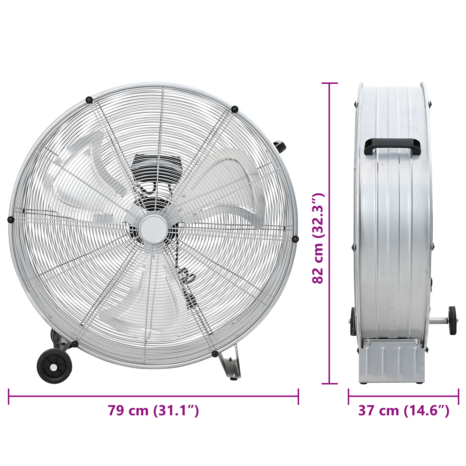 Ventilatore a tamburo  con ruote, 3 velocità, argento, ?77 cm